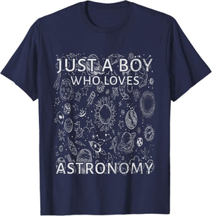 Kids Vintage Just A Boy Who Loves Astronomy Space Planet Lover T-Shirt - T-Shirt | Navy