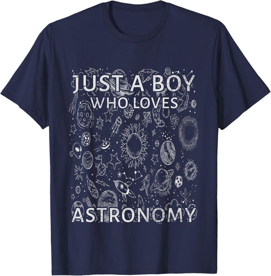 Kids Vintage Just A Boy Who Loves Astronomy Space Planet Lover T-Shirt - T-Shirt | Navy