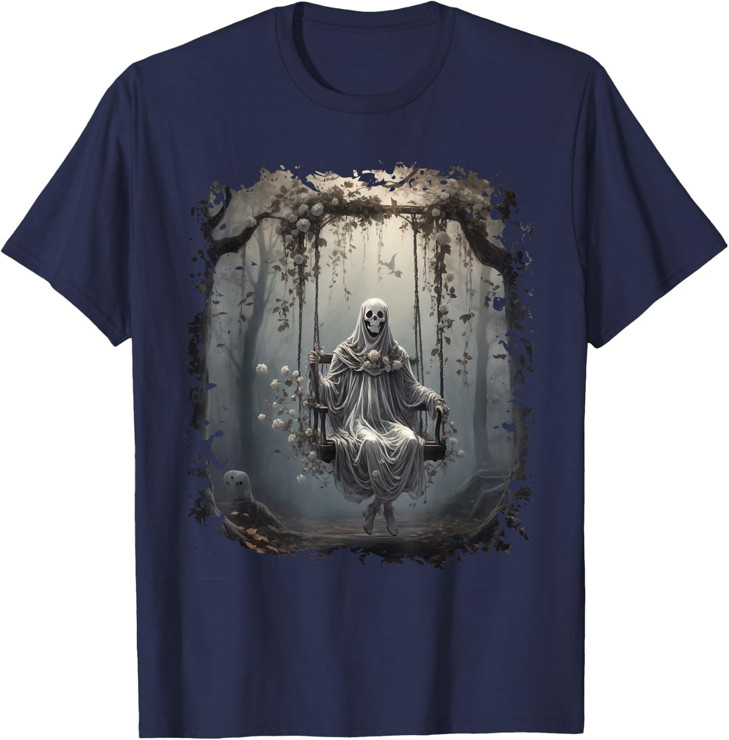 Vintage Floral Ghost On Swing In Forest Halloween Gothic T-Shirt - T-Shirt | Navy