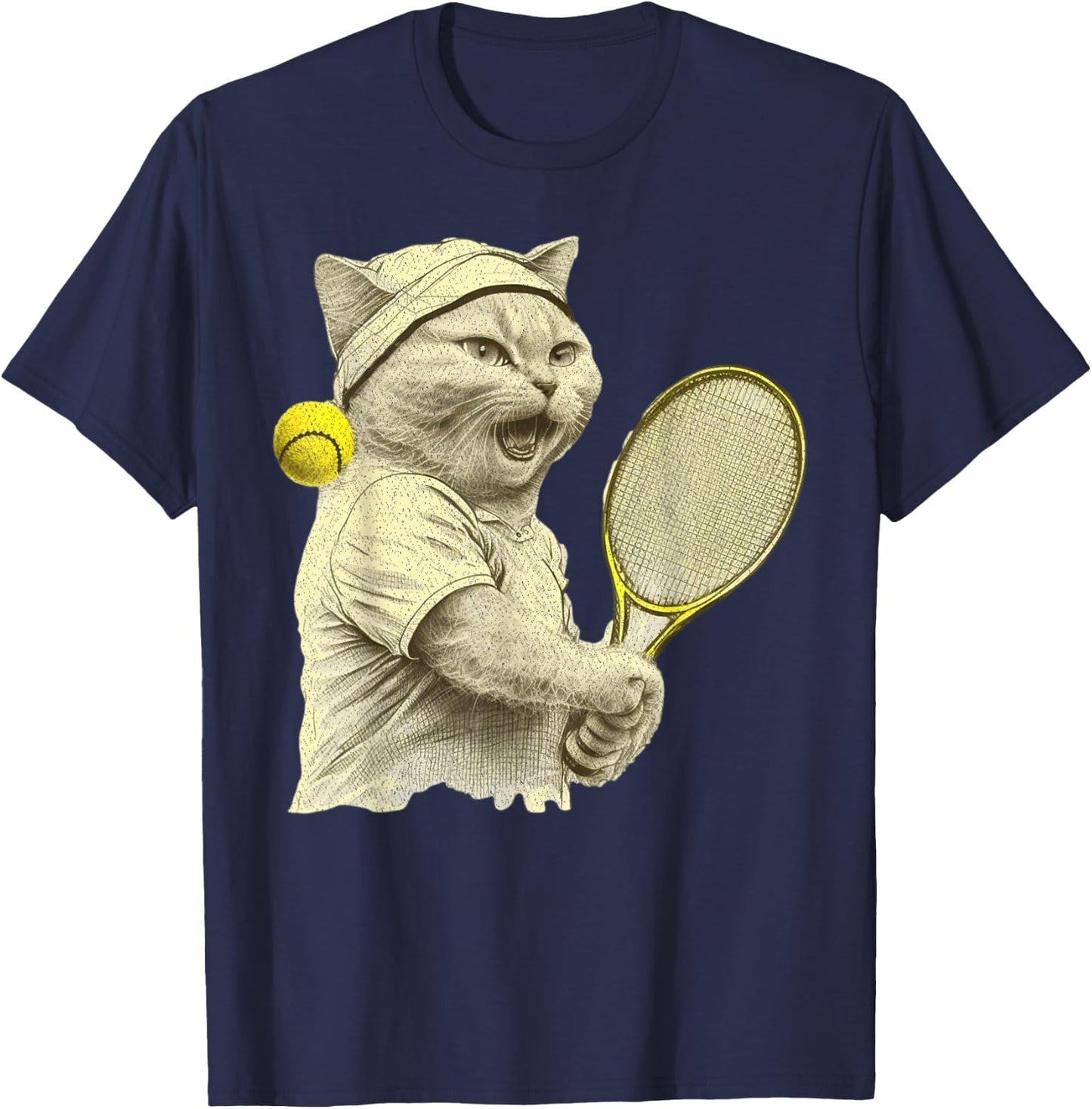 Vintage Cat Playing Tennis, Tennis Racquet, Kitties Lover T-Shirt - T-Shirt | Navy