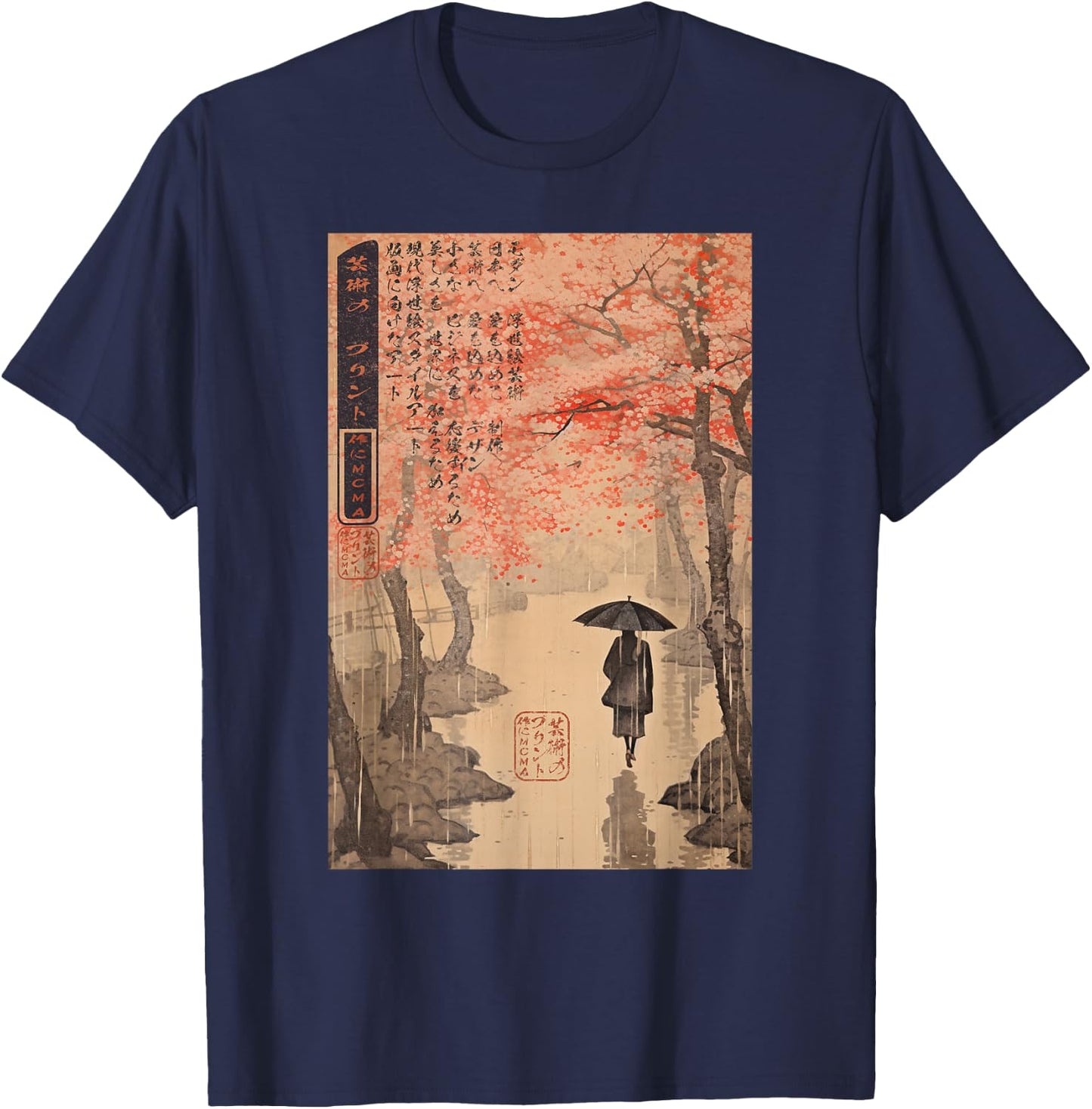 Ukiyo-e Eternal Tokyo Rain Japanese T-Shirt - T-Shirt | Navy