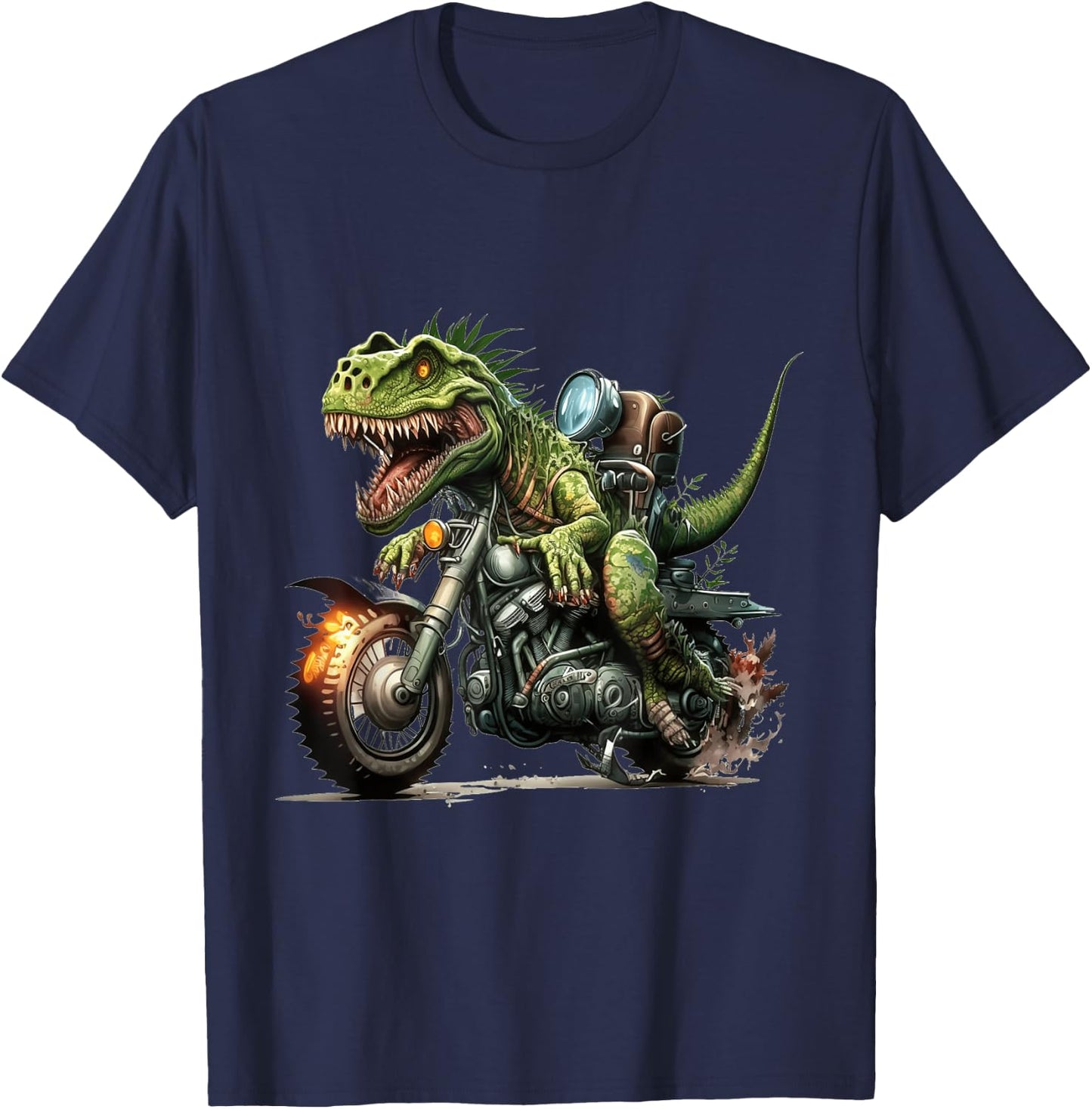 T-Rex Dinosaur Riding a Motorcycle with Flaming Tire T-Shirt - T-Shirt | Navy