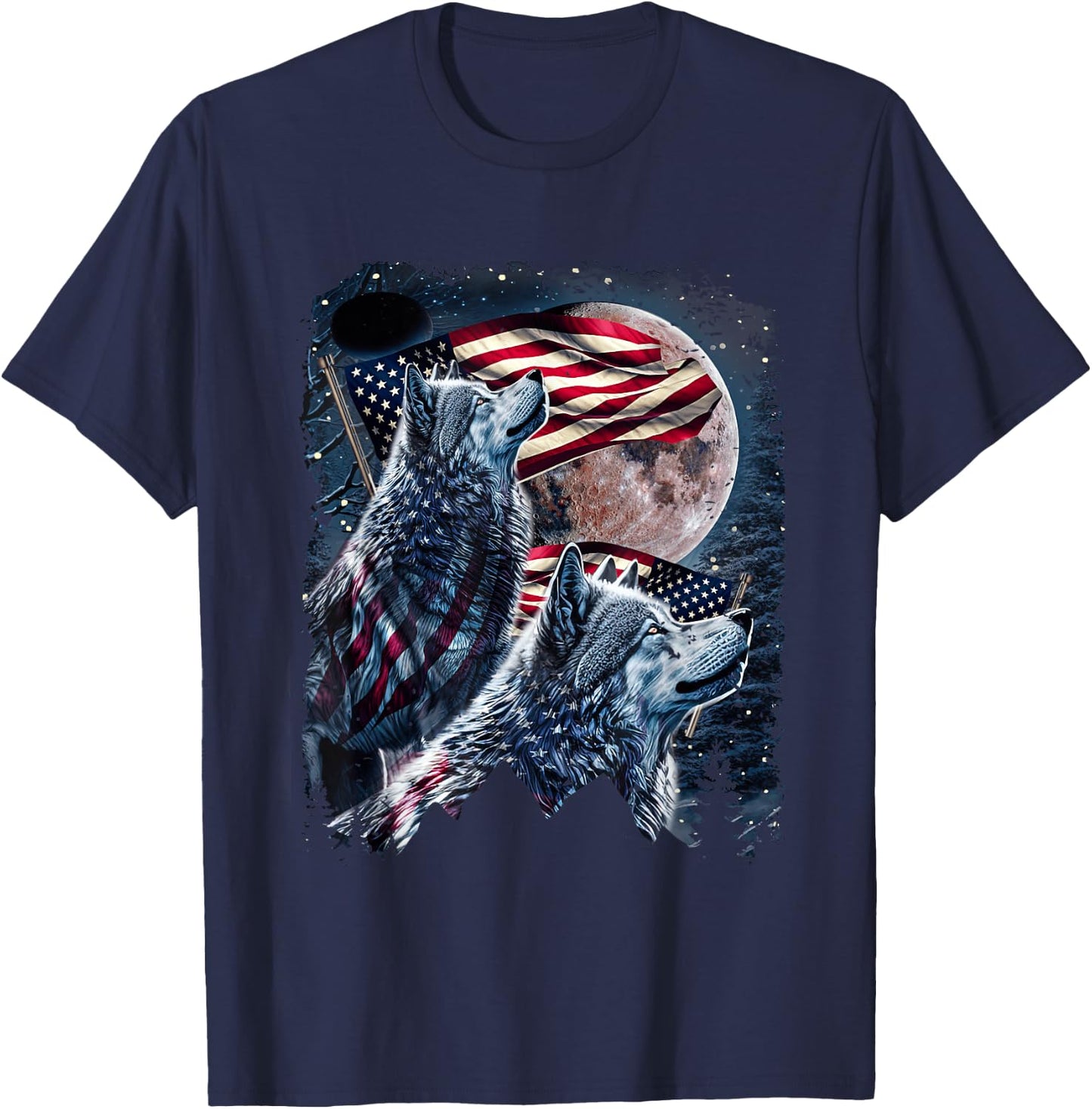 Wolf 4th of July American Flag Howling Wolves Under Moon T-Shirt - T-Shirt | Navy
