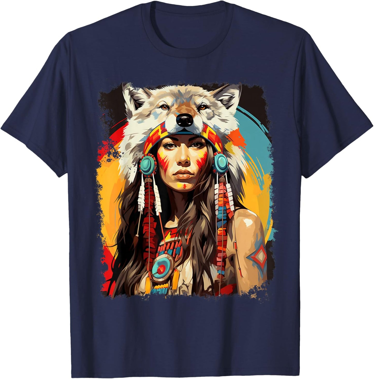 Indigenous Wolfwear Beautiful Native American - -Adults, Black, Small, Short Sleeve, Classic Fit T-Shirt - T-Shirt | Navy