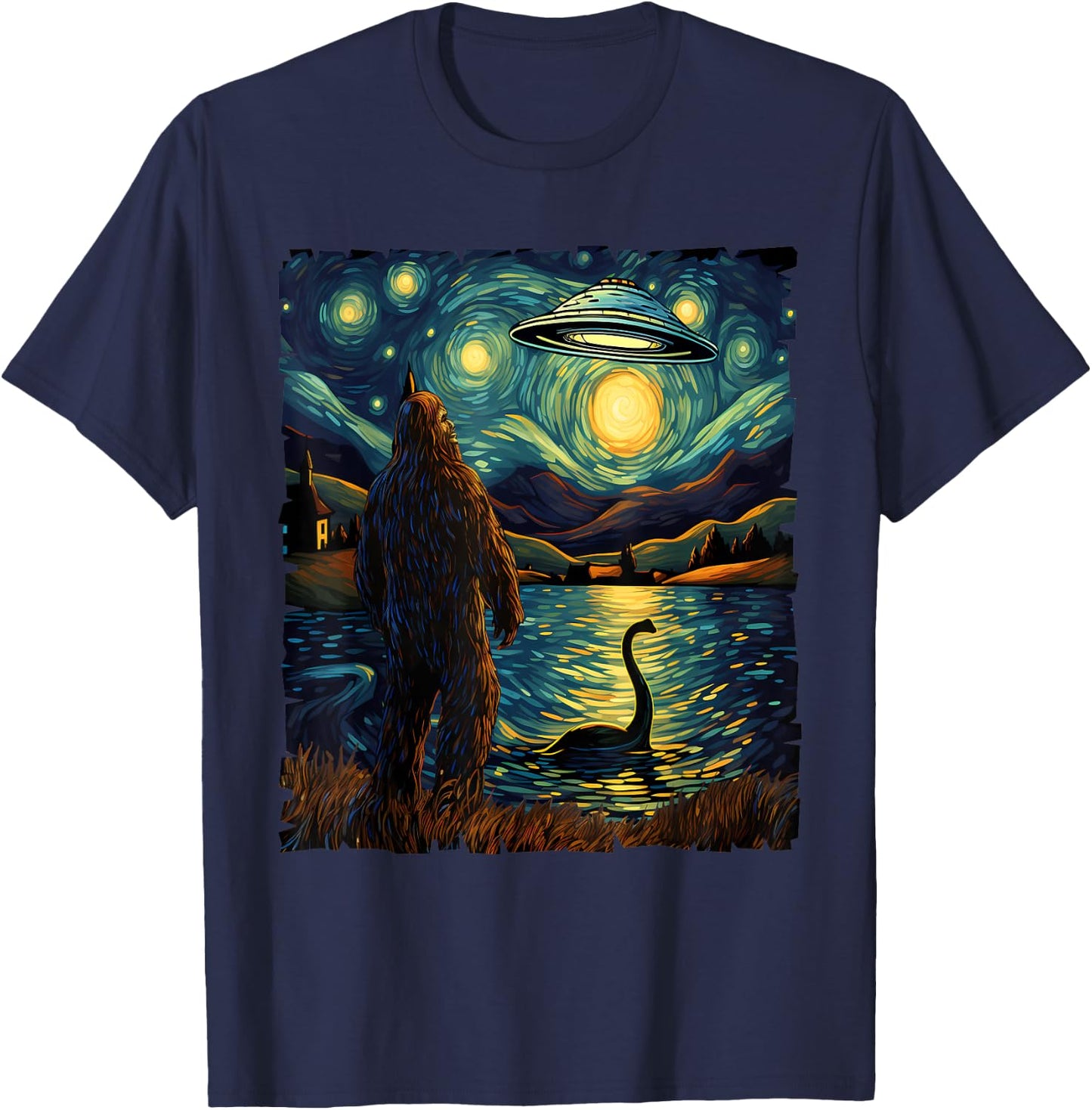 Funny Bigfoot UFO and Nessie Van Gogh Starry Night Painting T-Shirt - T-Shirt | Navy