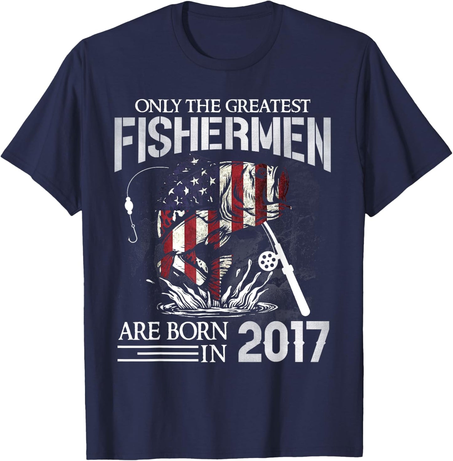 7th Birthday Fishermen USA Flag 7 Year Old Fishing Boy T-Shirt - T-Shirt | Navy