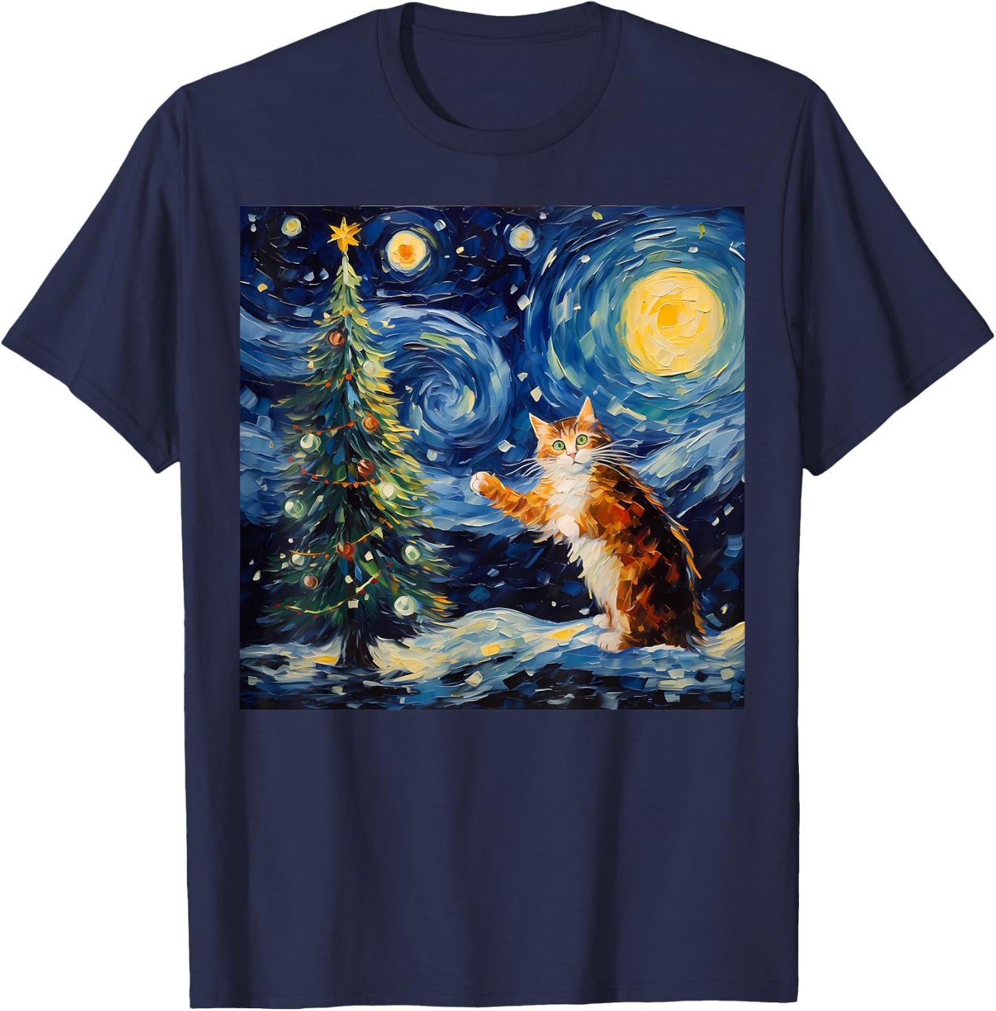 Funny Starry Night Christmas Kitty Kitten Xmas Tree Novelty T-Shirt - T-Shirt | Navy