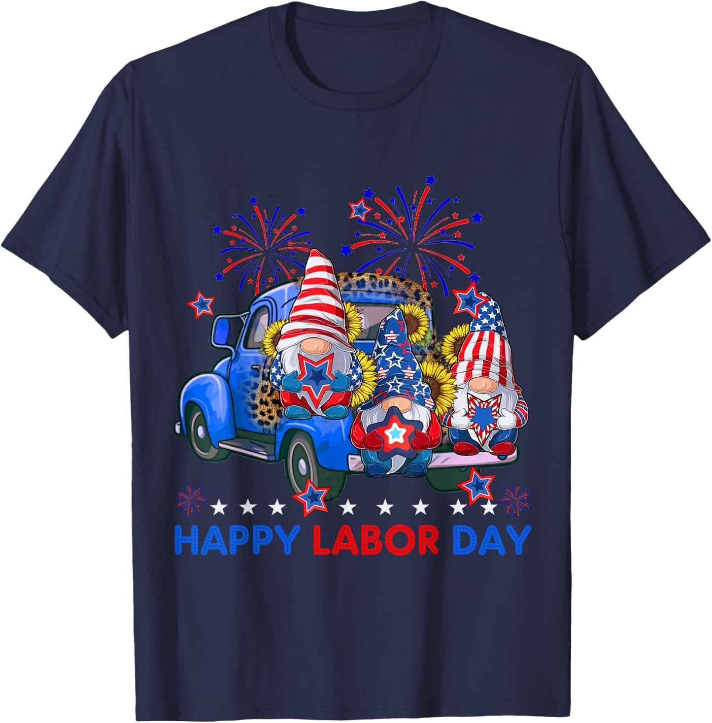 Happy Labor Day Fireworks American Flag And Funny Gnomes T-Shirt - T-Shirt | Navy