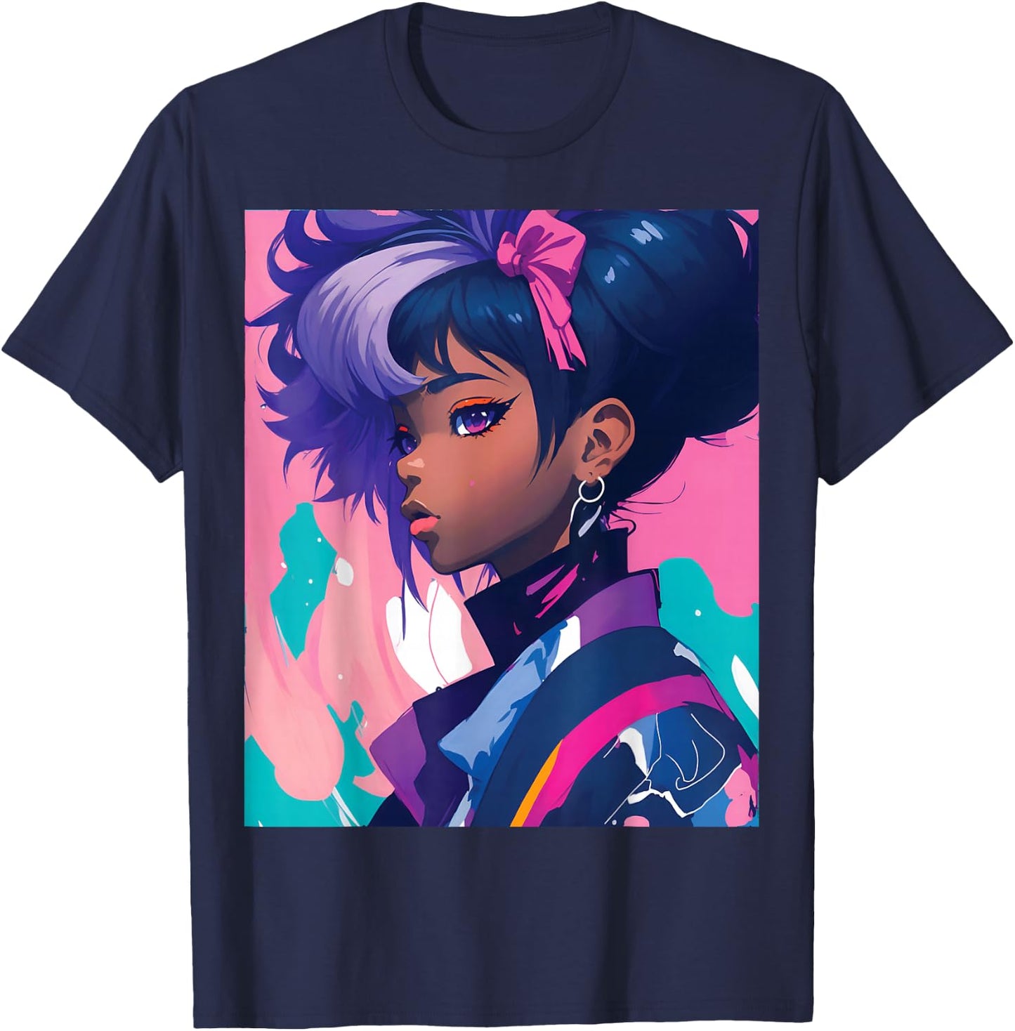 Black Anime Girl Kawaii Waifu Aesthetic Japanese T-Shirt - T-Shirt | Navy