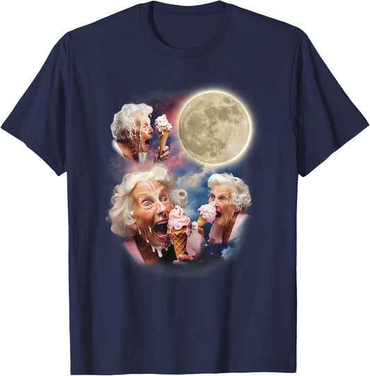 Three Granny Moon Old Ladies Licking Ice Cream Embarrassing T-Shirt - T-Shirt | Navy