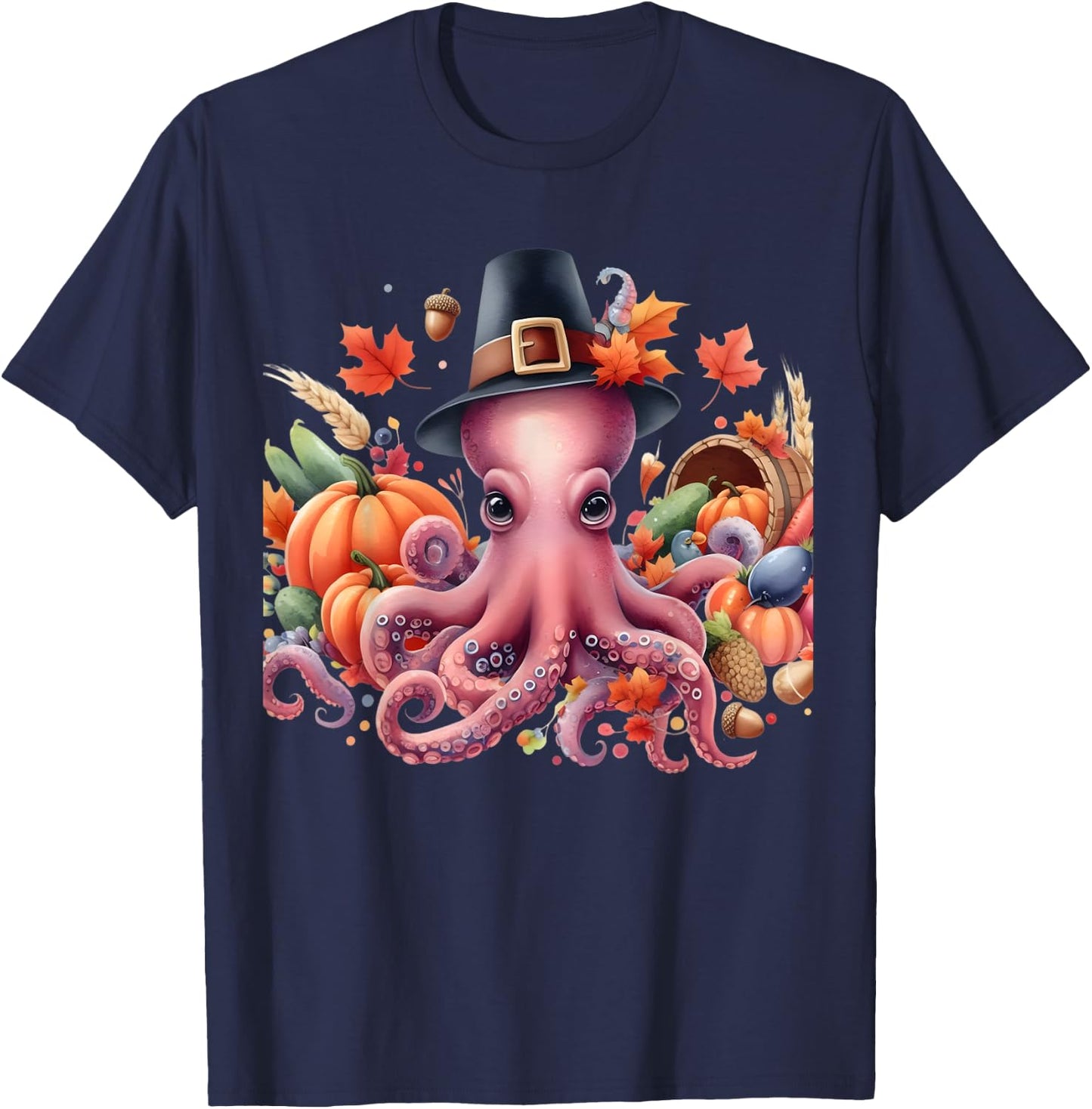 Fun and whimsical Thanksgiving Octo-Pilgrim - Octopus T-Shirt - T-Shirt | Navy