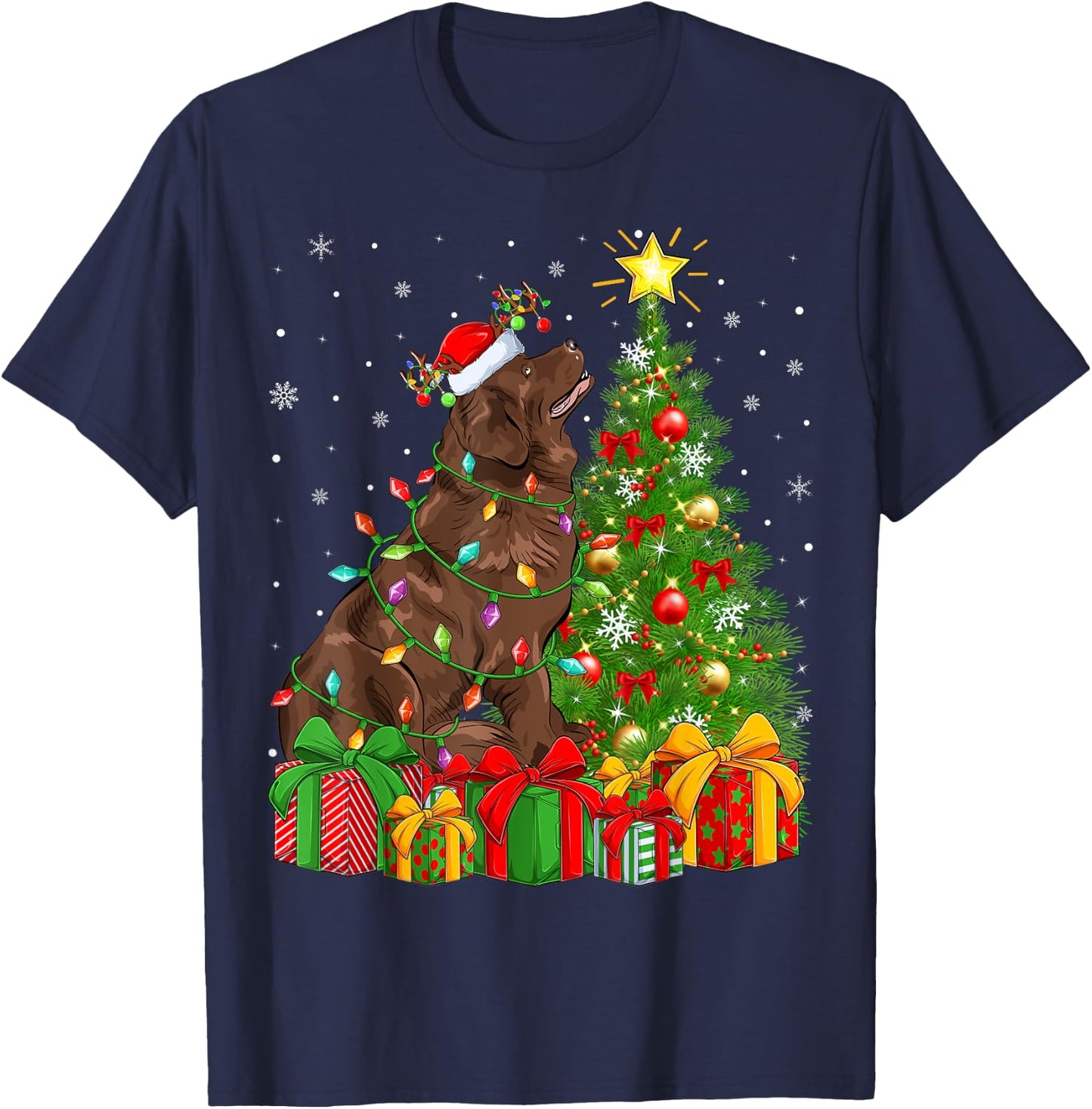 Xmas Tree Lighting Santa Newfoundland Dog Christmas Men Women Kids T-Shirt - T-Shirt | Navy