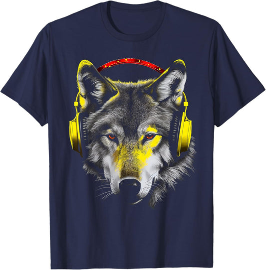 Wolf Headphones Artwork | Animal Music Wolf T-Shirt - T-Shirt | Navy