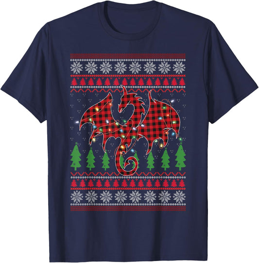 Zodiac Dragon Ugly Sweater Christmas Lights Dragon Lover T-Shirt - T-Shirt | Navy