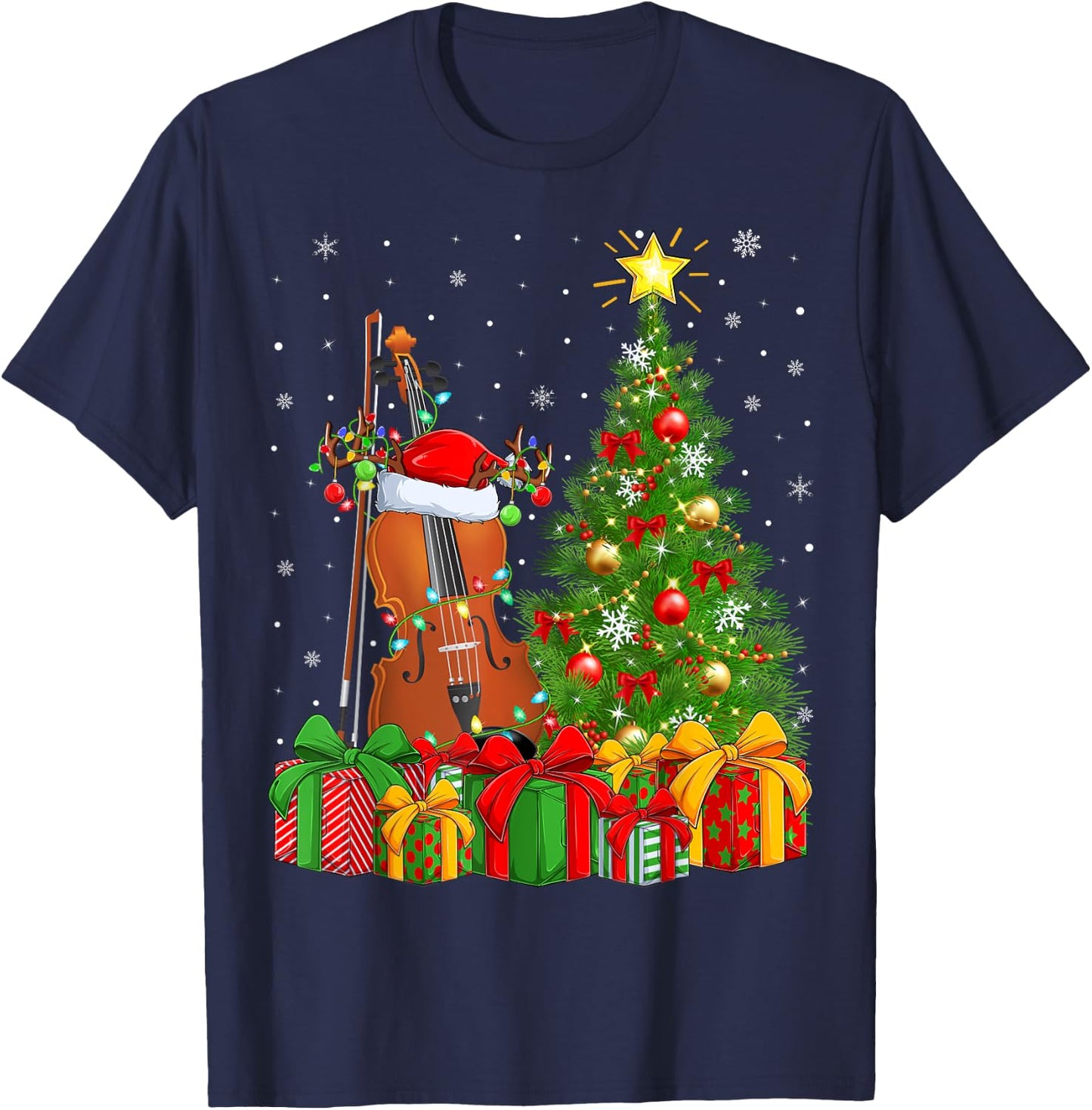 Musical Violin Xmas Tree Lighting Santa Violin Christmas T-Shirt - T-Shirt | Navy