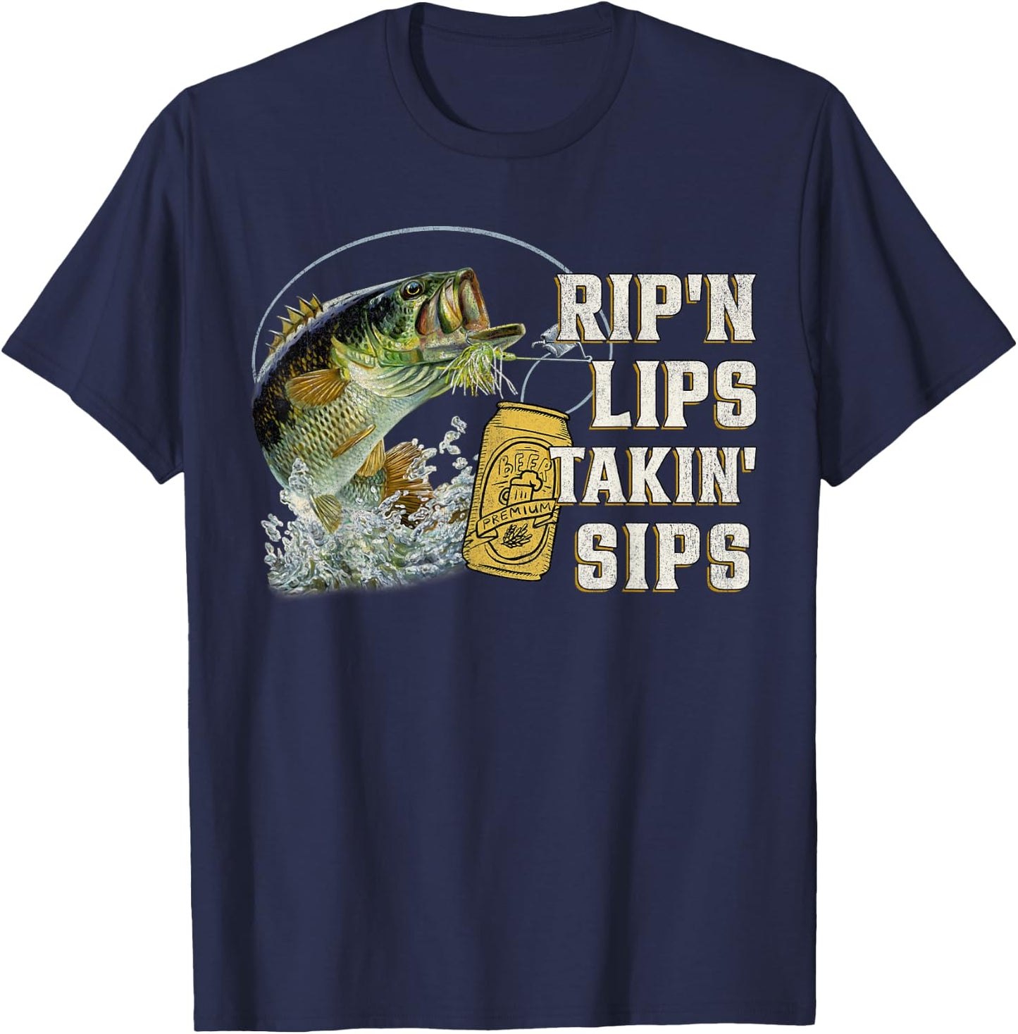 Rip'n Lips Talking Sips Funny Fishing - Men's Black Short Sleeve - Small - Fishing T-Shirt - T-Shirt | Navy