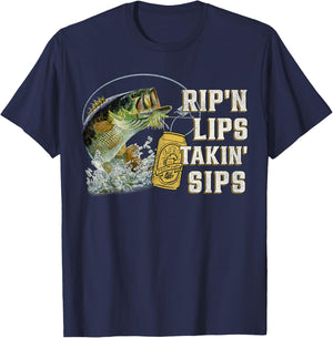 Rip'n Lips Talking Sips Funny Fishing - Men's Black Short Sleeve - Small - Fishing T-Shirt - T-Shirt | Navy