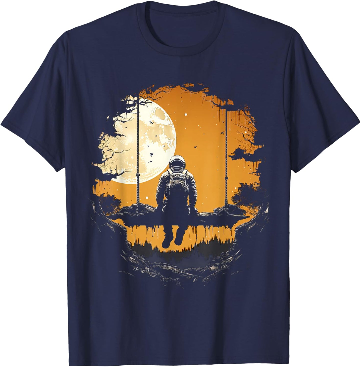 Astronaut Sitting on Swing in Space Stars and Moon T-Shirt - T-Shirt | Navy