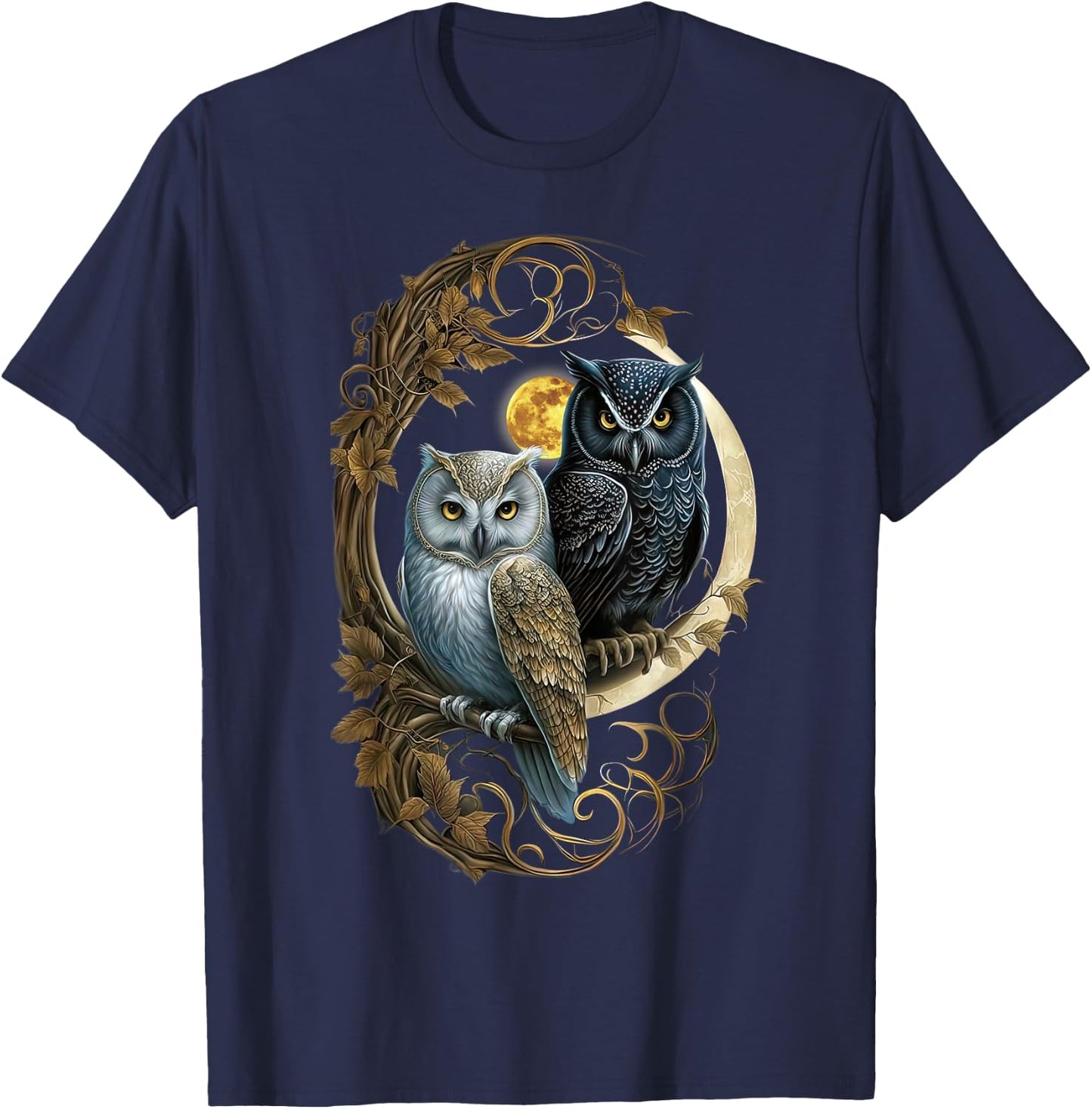 Moon Owl Birds Owl Gifts Graphic Women Boys Girls T-Shirt - T-Shirt | Navy