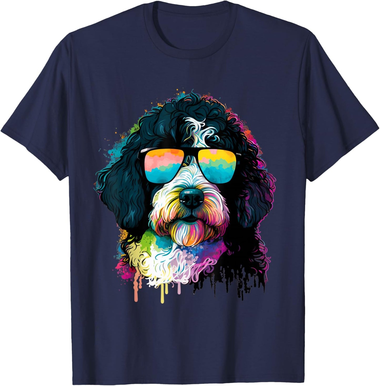 Cute Bernedoodle With Sunglasses Colorful Graphic Dog Lover T-Shirt - T-Shirt | Navy
