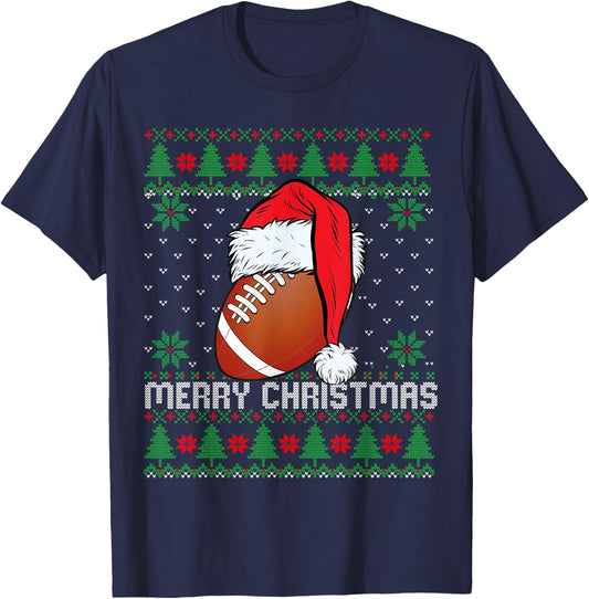 This is My Christmas Pjamama Football With Santa Hat Xmas T-Shirt - T-Shirt | Navy