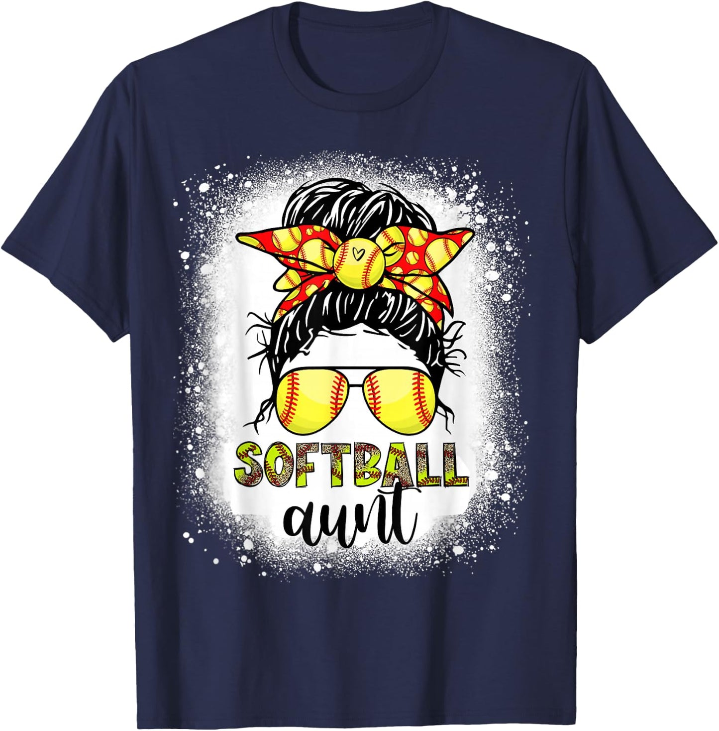 Softball Aunt Messy Bun Leopard Bleached Softball Auntie T-Shirt - T-Shirt | Navy