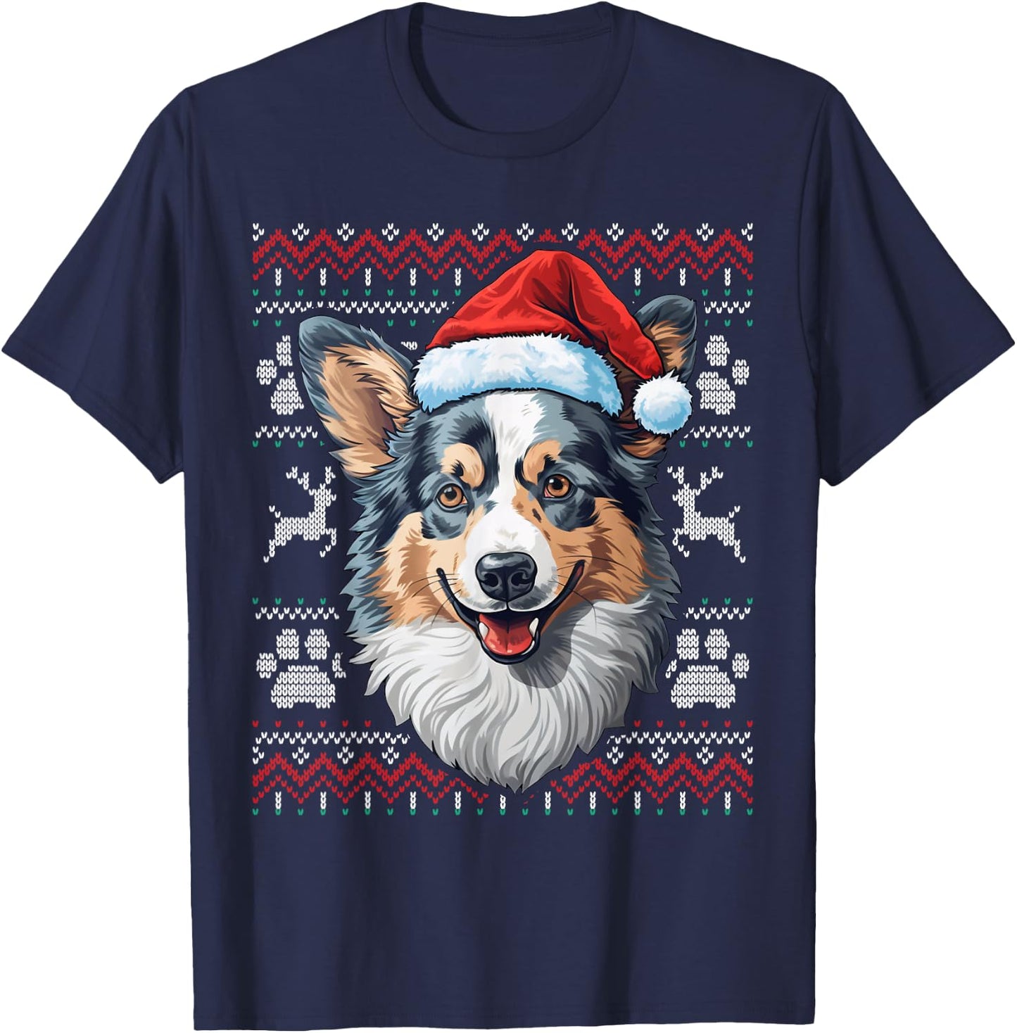 Blue Merle Corgi Santa Hat Christmas Funny Dog Mom Dad T-Shirt - T-Shirt | Navy