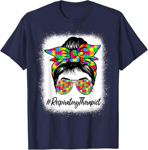 Respiratory Therapist Messy Bun Supporting Autism Awareness T-Shirt - T-Shirt | Navy
