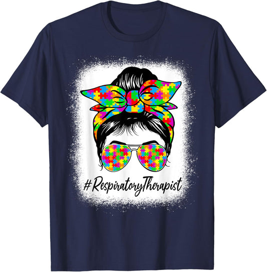 Respiratory Therapist Messy Bun Supporting Autism Awareness T-Shirt - T-Shirt | Navy