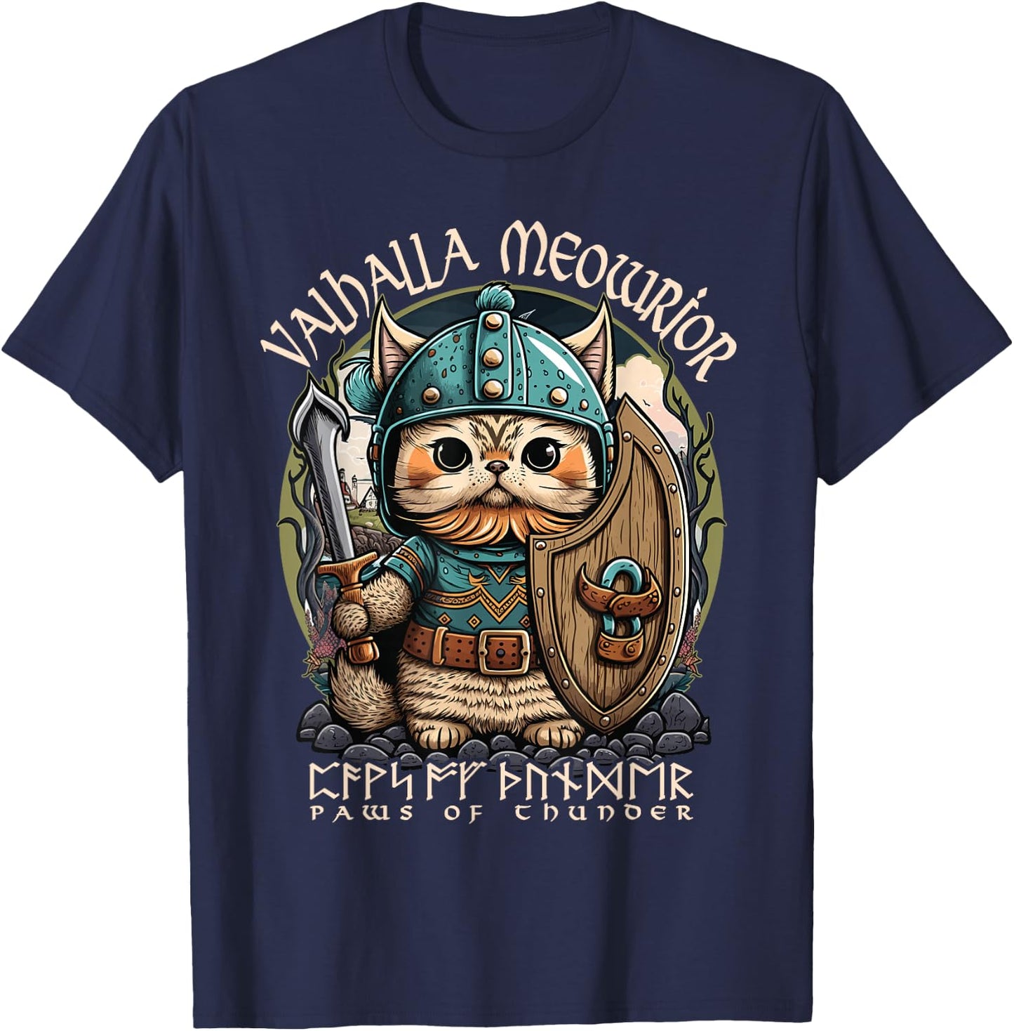 Nordic Norse Viking Cat Warrior , Men, Kids T-Shirt - T-Shirt | Navy