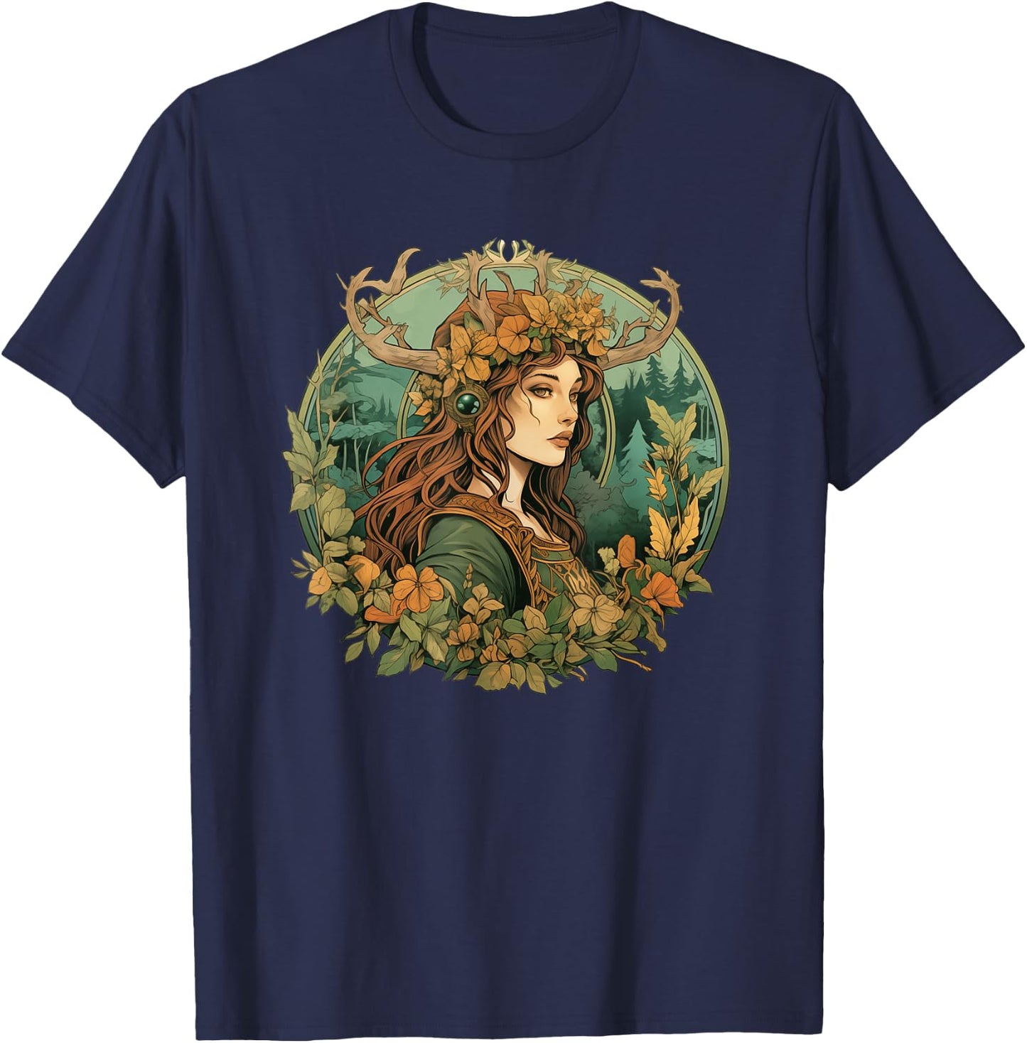 Art Nouveau Female Druid Adventurer Wanderer Nature Roleplay T-Shirt - T-Shirt | Navy
