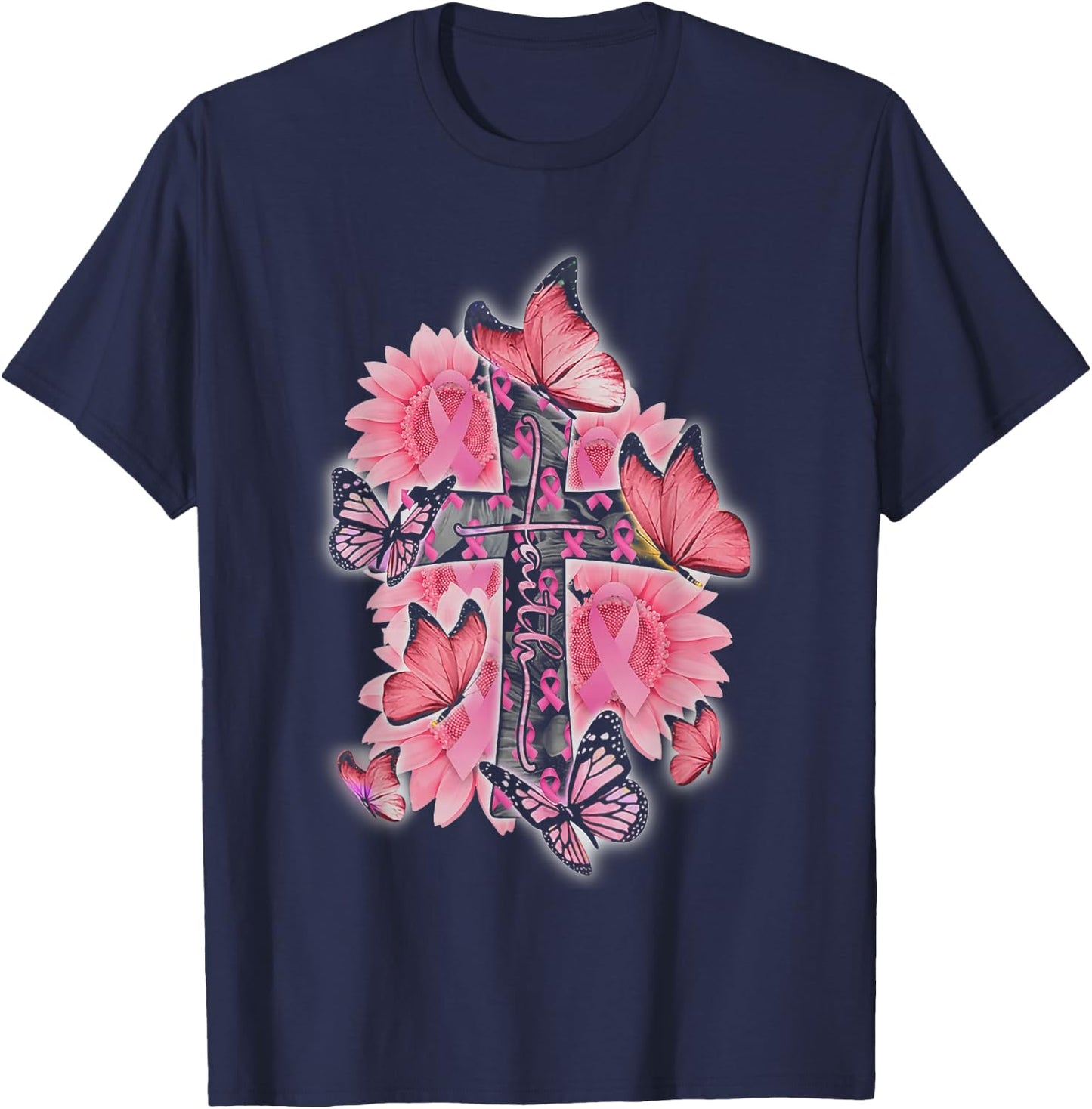Faith Pink Ribbon Butterflies Breast Cancer Awareness Women T-Shirt - T-Shirt | Navy