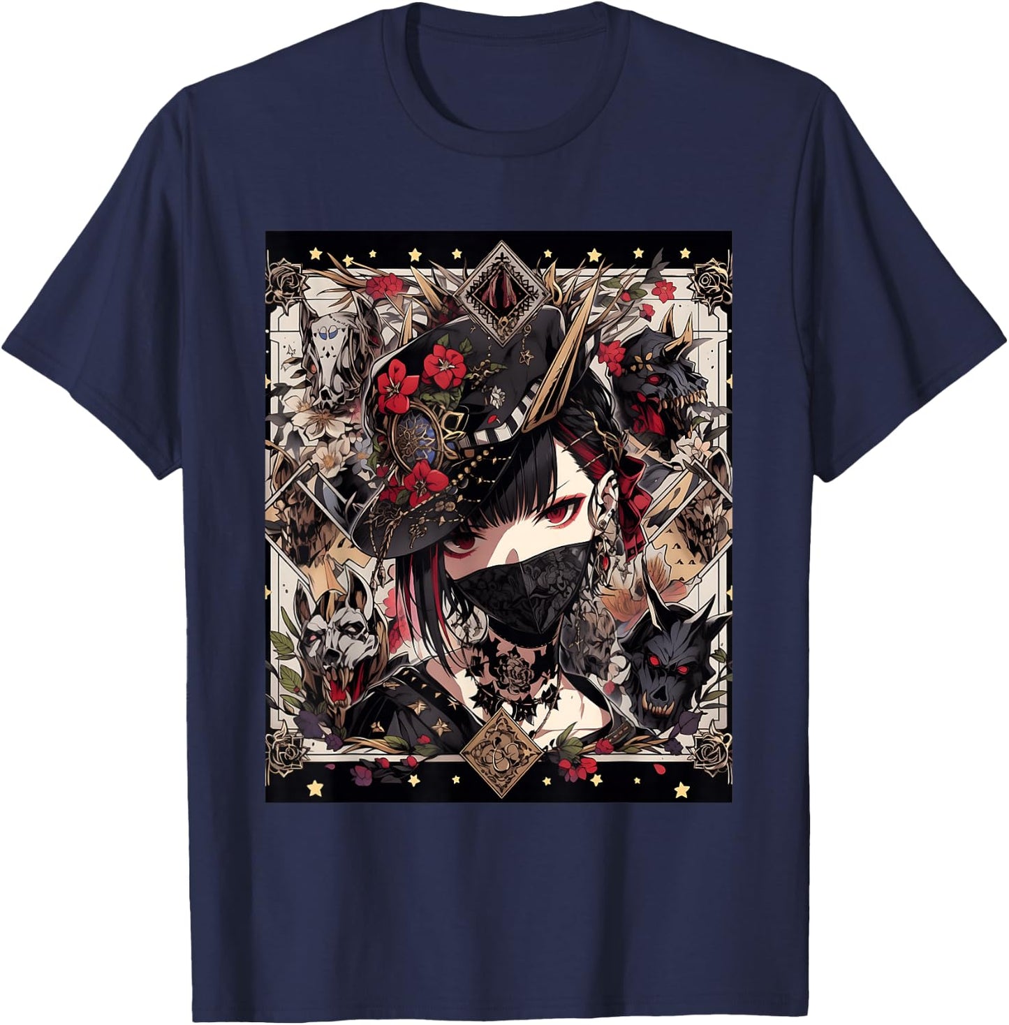 Veiled Mystery: Japanese Young Gothic Girl in a Mask T-Shirt - T-Shirt | Navy