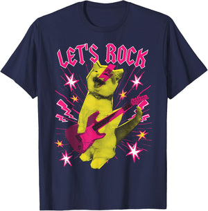 80s Rock N Roll Girl Cat, Let's Rock T-Shirt - T-Shirt | Navy