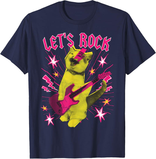 80s Rock N Roll Girl Cat, Let's Rock T-Shirt - T-Shirt | Navy