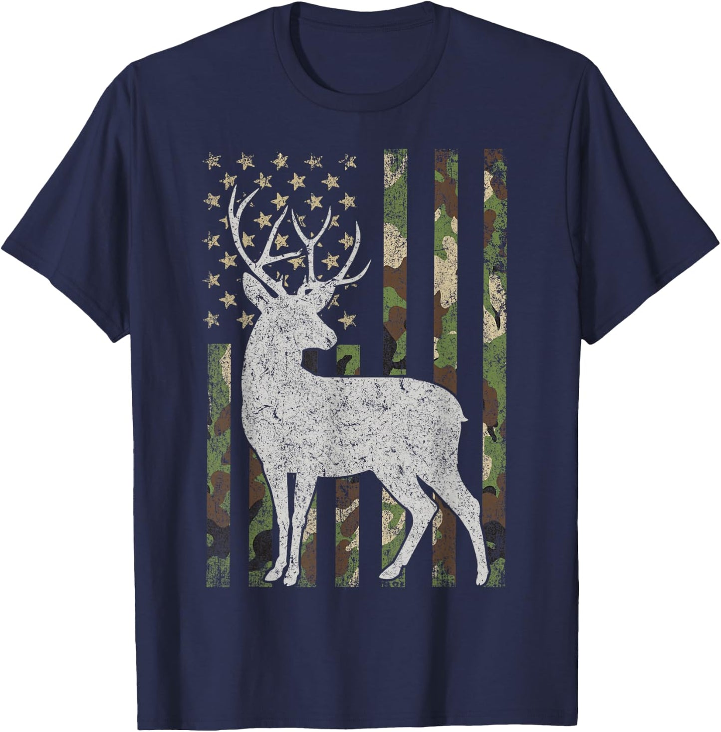 Whitetail Buck Deer Hunting Camouflage USA Flag 4th of July T-Shirt - T-Shirt | Navy