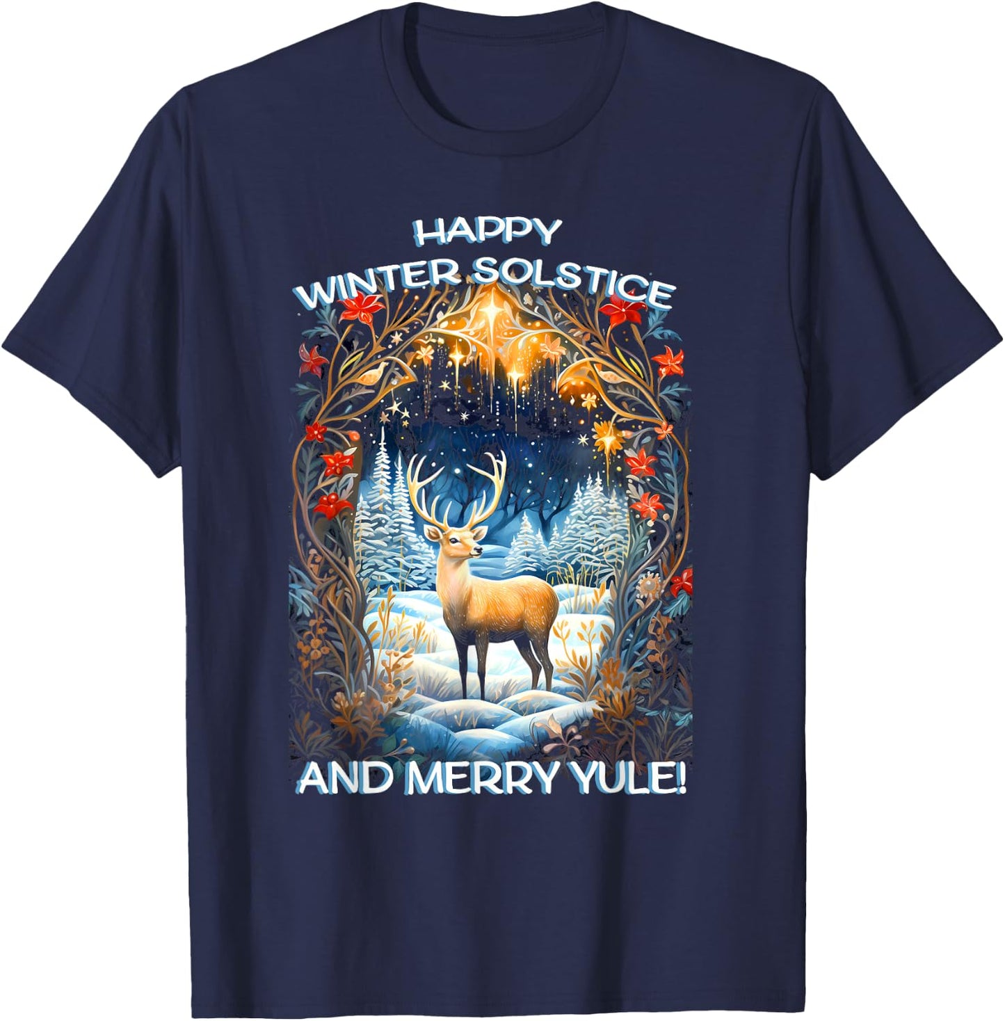 Merry Solstice Happy Yule Christmas Bird Nordic Xmas Graphic T-Shirt - T-Shirt | Navy