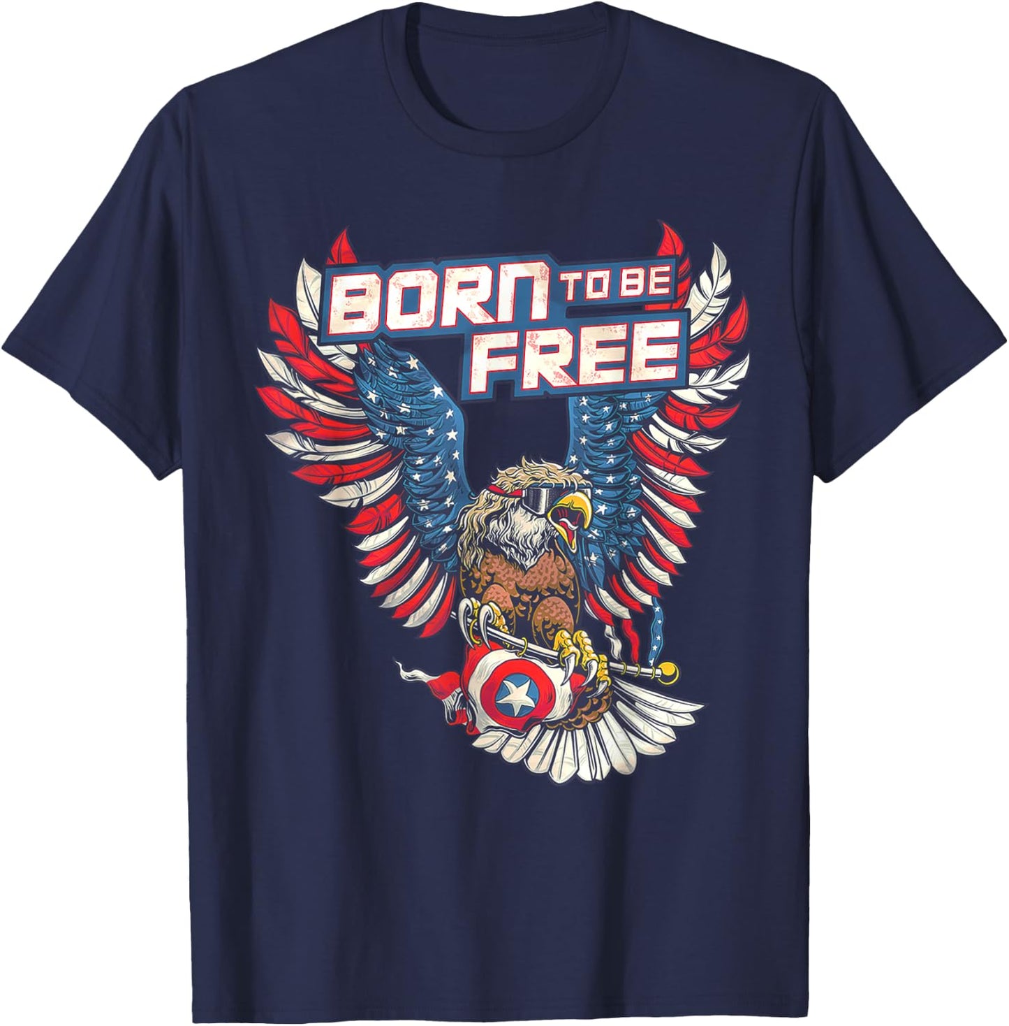 Born To Be Free Eagle America Flag T-Shirt - T-Shirt | Navy