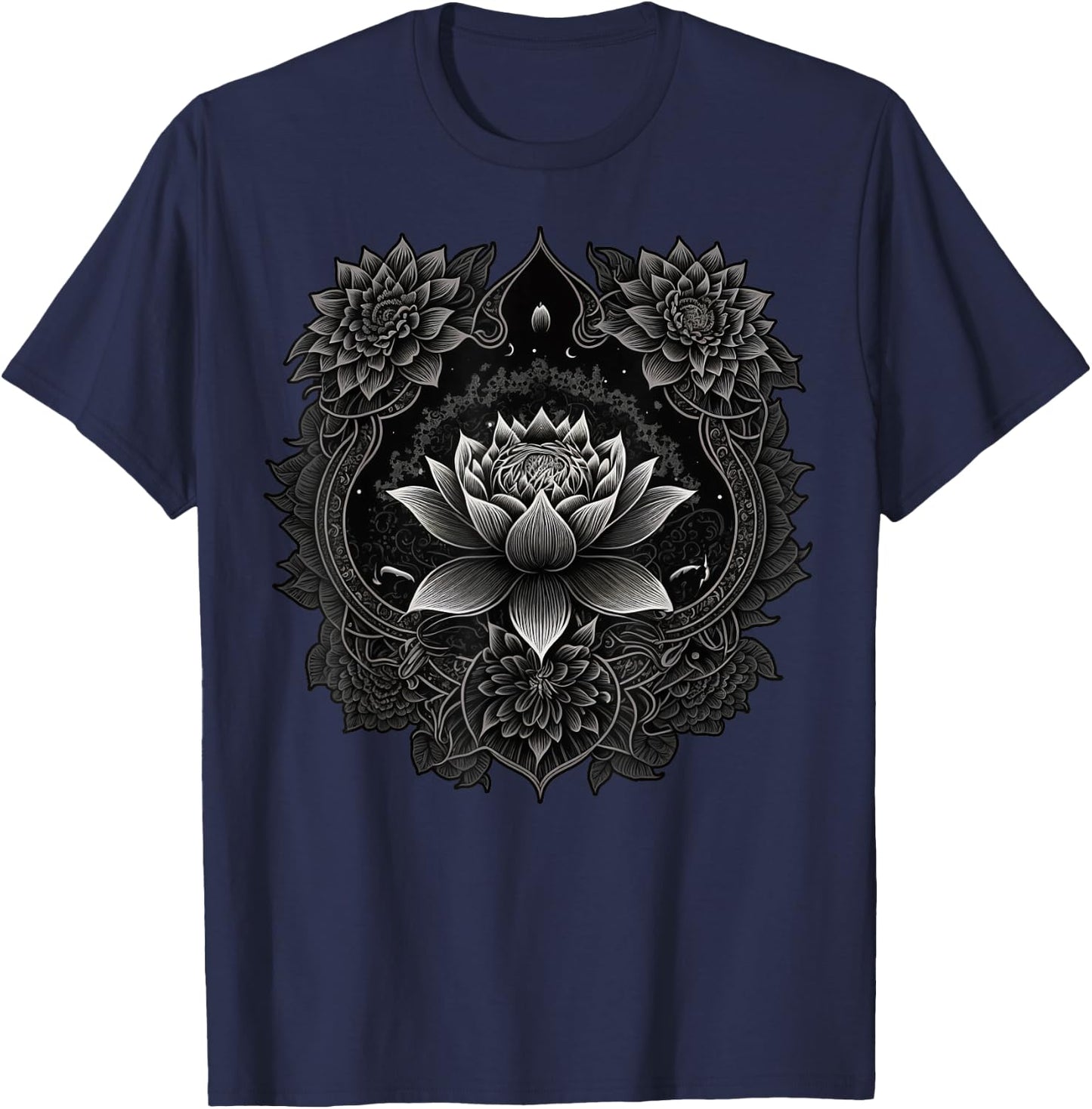 Spiritual Zen Lotus Flower on Mandala Lotus Flower T-Shirt - T-Shirt | Navy