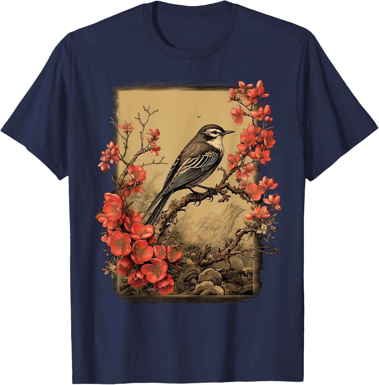 Vintage Bird and Flowers Japanese Art T-Shirt - T-Shirt | Navy