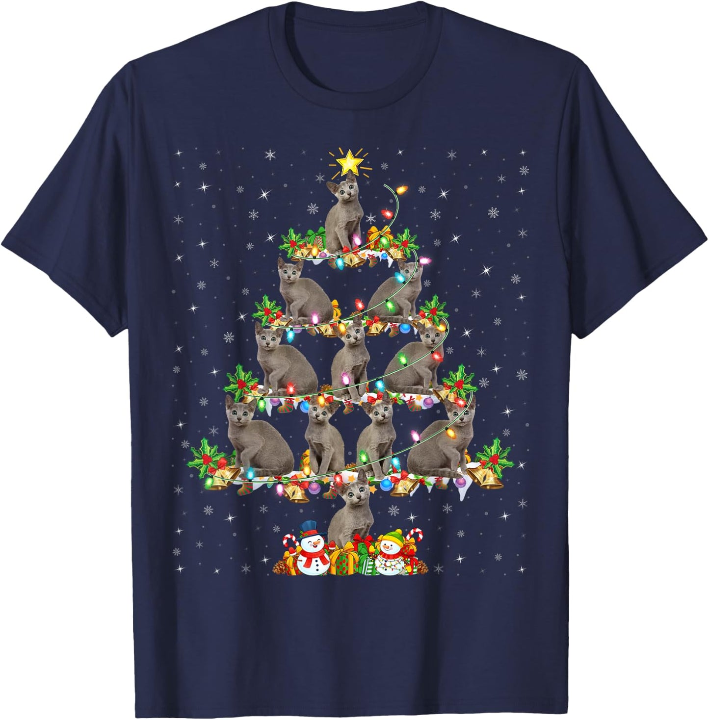 Russian Blue Cat Xmas Lights Russian Blue Cat Christmas Tree T-Shirt - T-Shirt | Navy