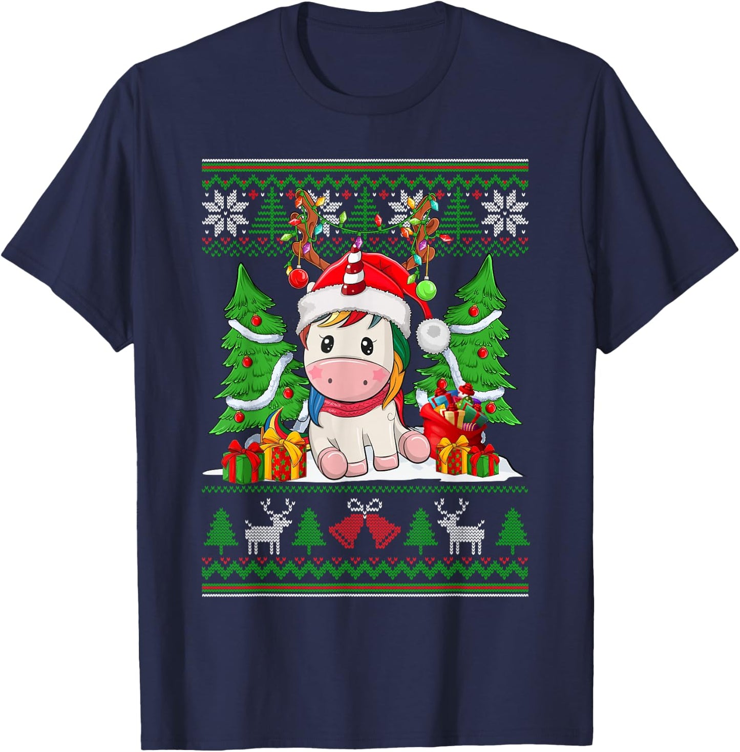 Christmas Girls Xmas Unicorn Deer Ugly Christmas Sweater T-Shirt - T-Shirt | Navy