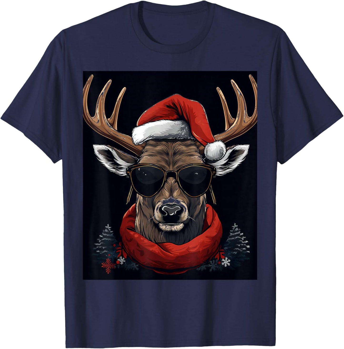 Deer Christmas Hat Shirt - X-mas Deer T-Shirt - T-Shirt | Navy