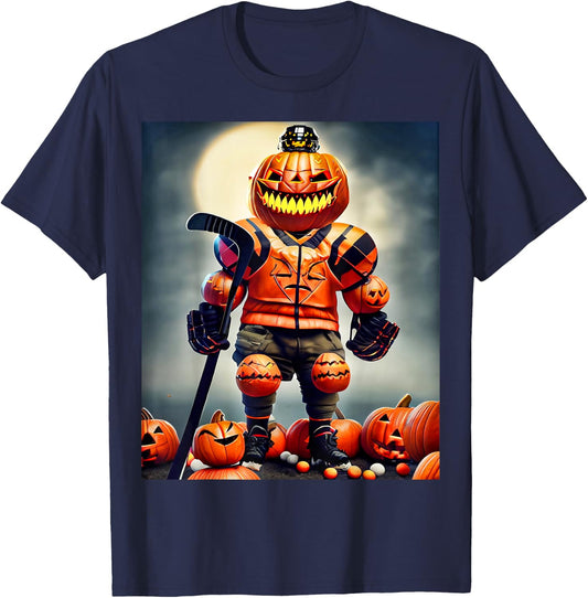 Halloween Hockey Season Pumpkin Player T-Shirt - T-Shirt | Navy