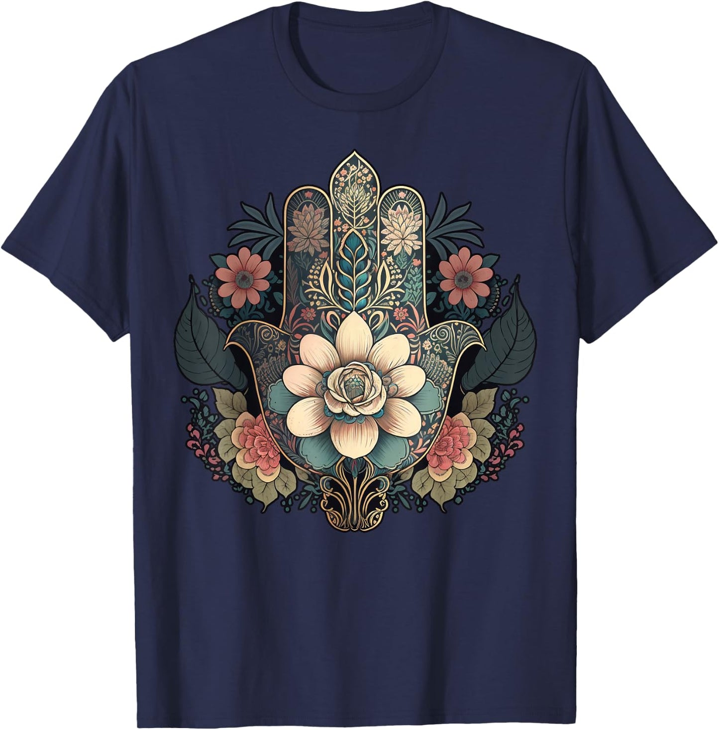Khamsah or flower Hand of Fatima on floral Hamsa Hand T-Shirt - T-Shirt | Navy