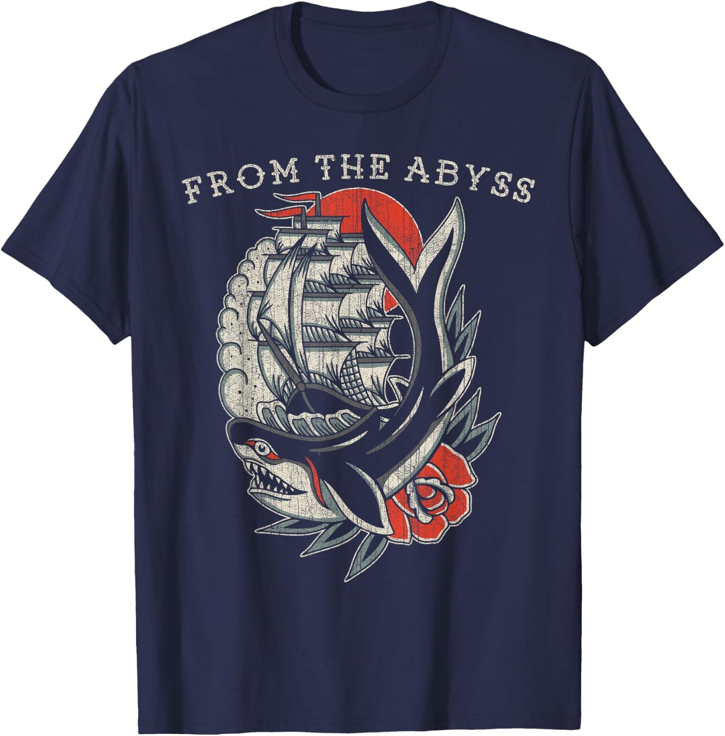 From the Abyss, Traditional Old School Ship & Shark Tattoo T-Shirt - T-Shirt | Navy