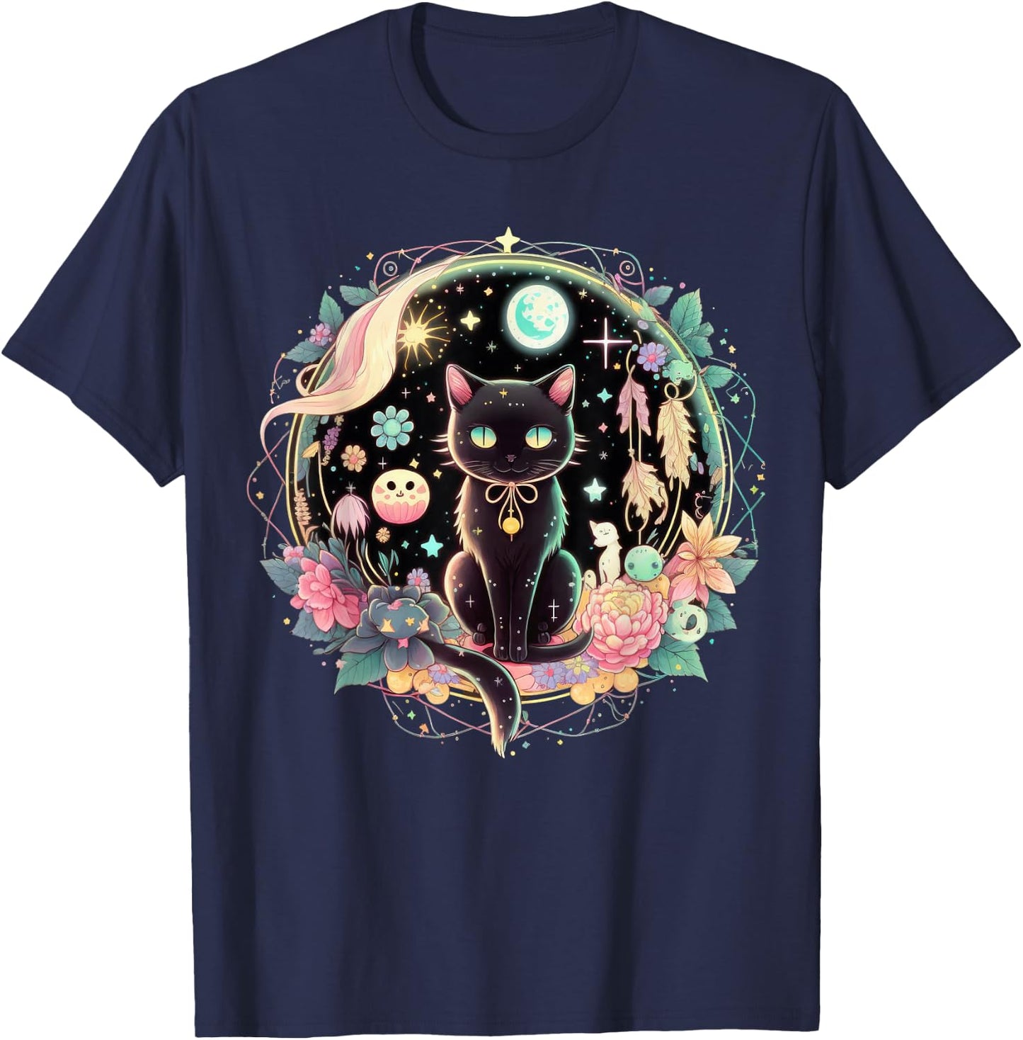 Moon Phases Crystal Witchy Cute Black Cat Kawaii Pastel Goth T-Shirt - T-Shirt | Navy