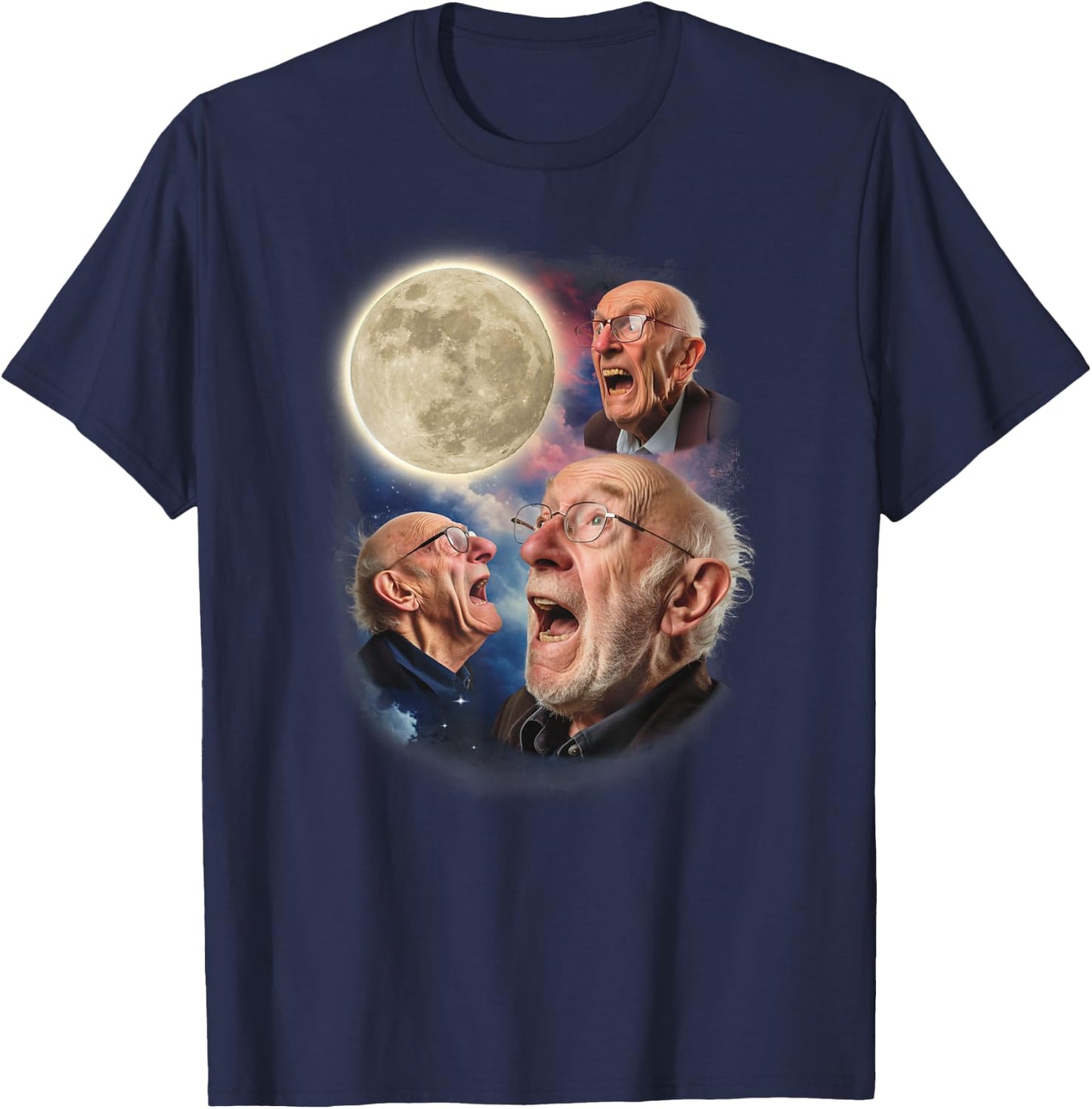 Three Grandpa Moon Old Men Howl At Moon Weird Cursed Meme T-Shirt - T-Shirt | Navy