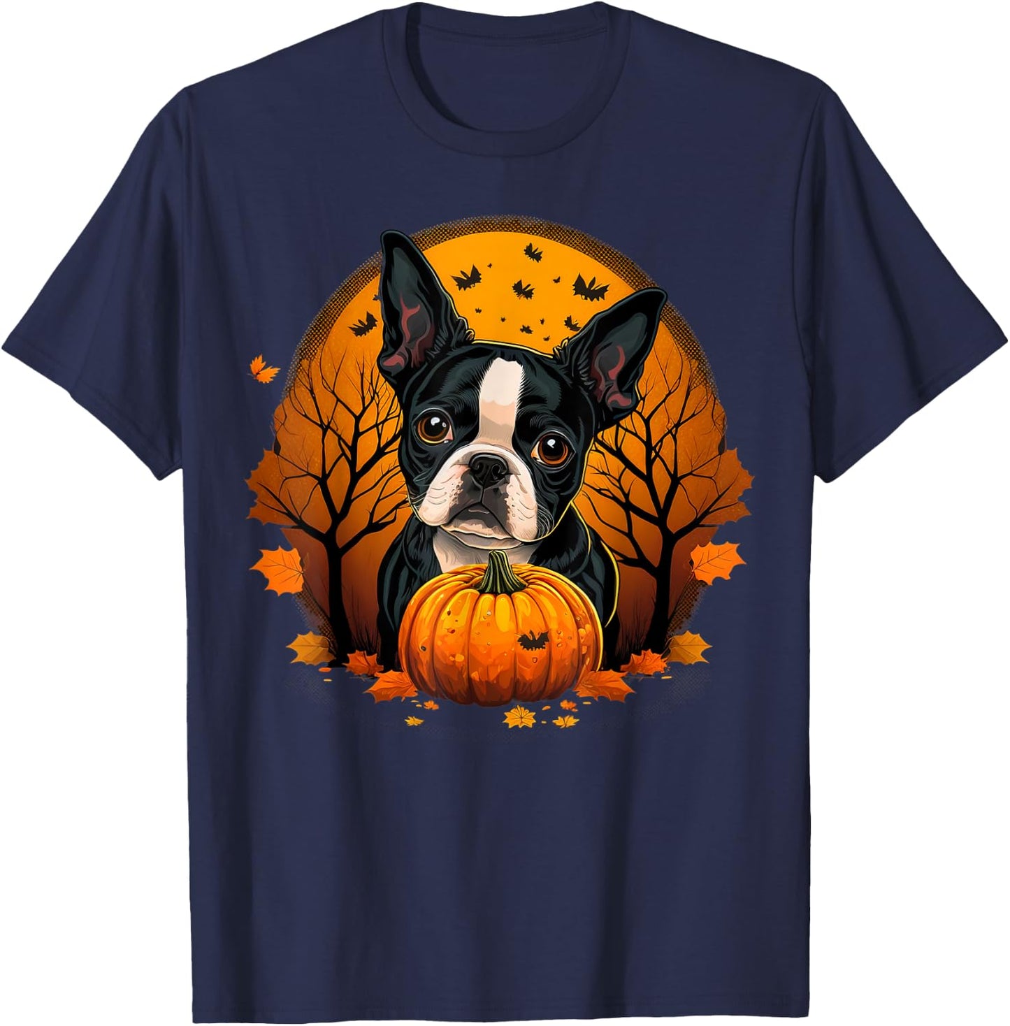 Pumpkin Boston Terrier Costume on Boston Terrier Halloween T-Shirt - T-Shirt | Navy