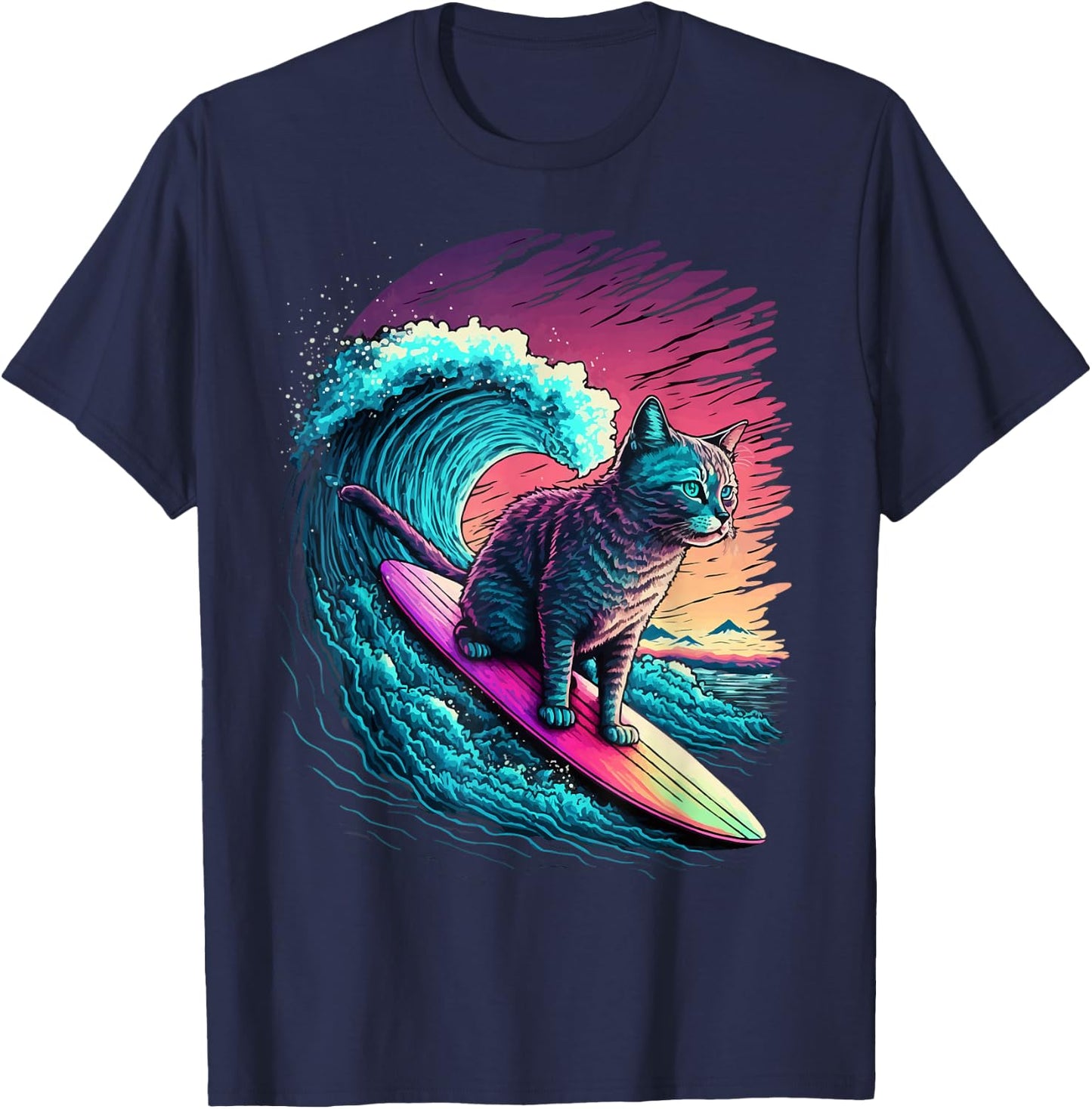Vintage 80s Vaporwave Synthwave Retro Surfing Cat Kitten T-Shirt - T-Shirt | Navy
